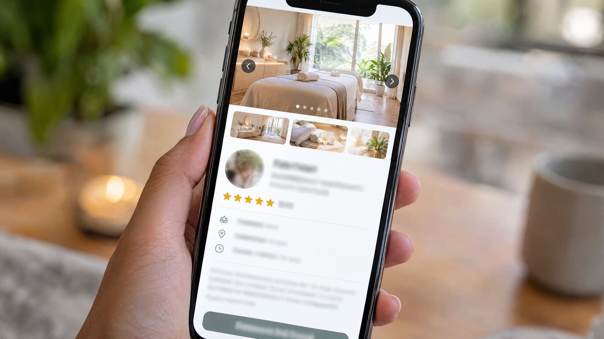 Hand hält ein Smartphone mit Unternehmensprofil, Fotokarussell eines hellen Spa-Raums und goldenen Sternen, Text unscharf