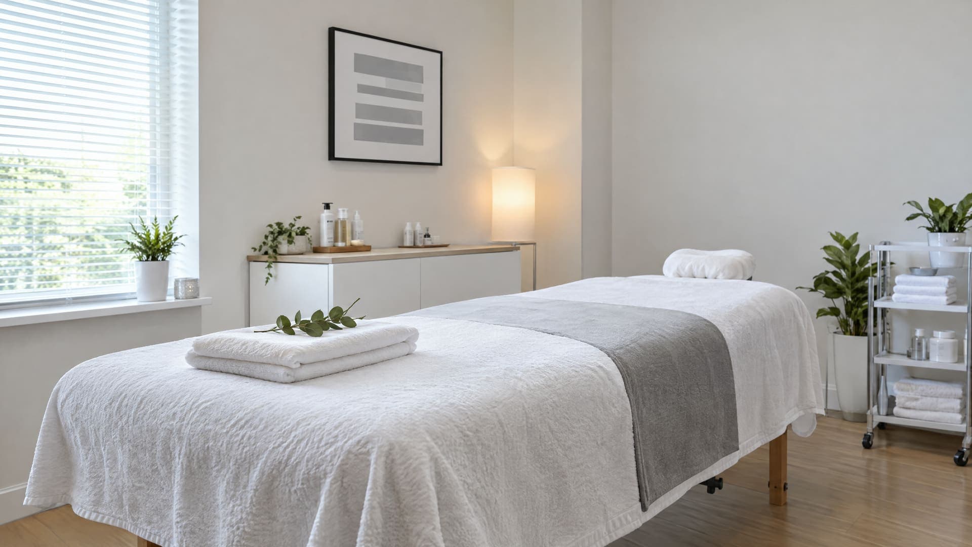 Heller professioneller Behandlungsraum mit einer von einem Handtuch bedeckten Massageliege und einer gerahmten Urkunde aus grauen Balken an der Wand, ruhige klare Atmosphäre, keine Personen