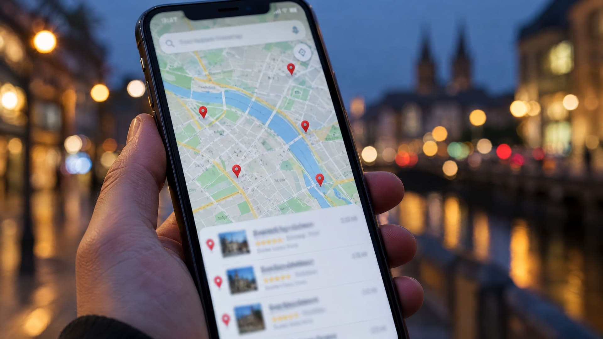 Smartphone mit Kartensuche, mehreren Standortmarkierungen und unscharfem Text, im Hintergrund Abendlichter als Bokeh