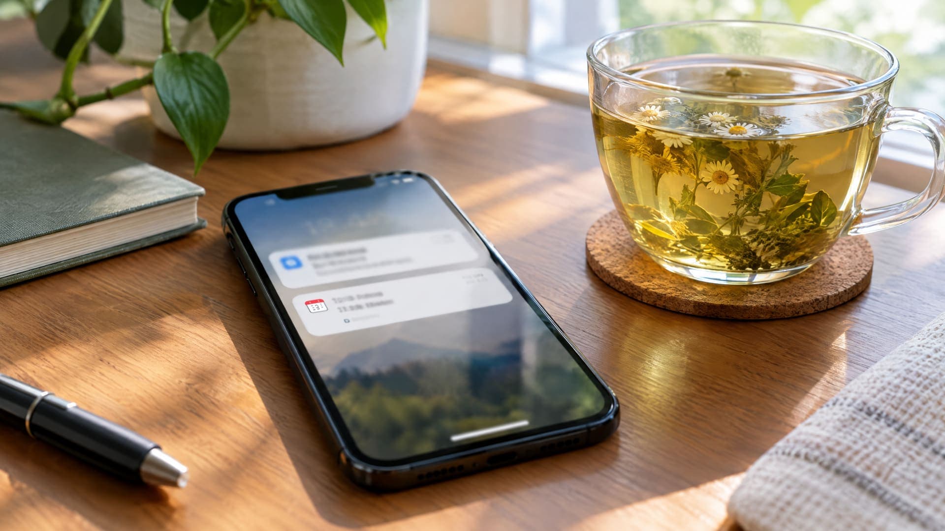Smartphone mit einer Erinnerungsnachricht auf einem Holztisch, daneben ein Glas Tee, ein Stift und ein Handtuch