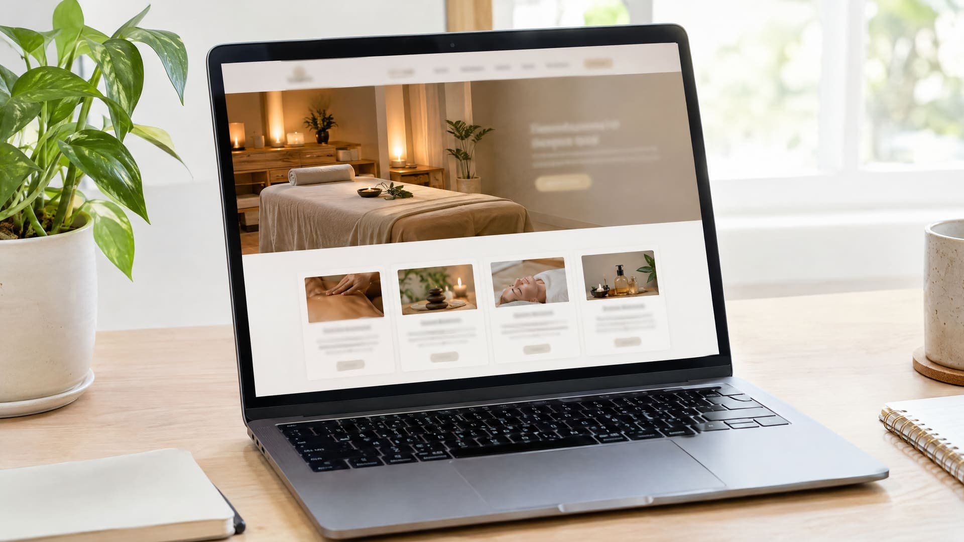 Laptop mit Website eines Massagestudios aus ruhigem Foto eines Behandlungsraums und einer Reihe von Behandlungskarten, Text unleserlich, daneben eine Pflanze