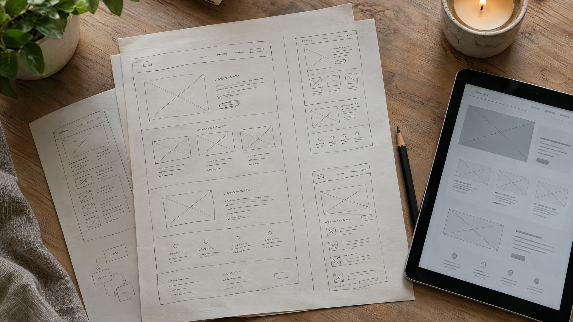 Handgezeichnete Wireframe-Skizzen einer Website auf Papier neben einem Tablet mit grauer Layout-Ansicht, oben eine Kerze