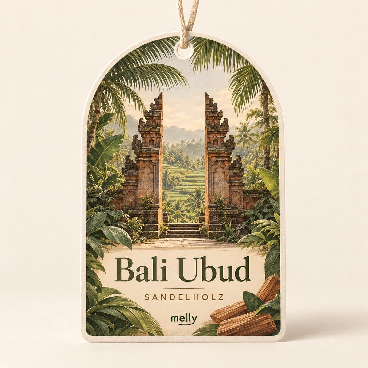 Bali Ubud: Duftanhänger mit Palmen, Toren und Reisterrassen und Sandelholzduft, Designentwurf