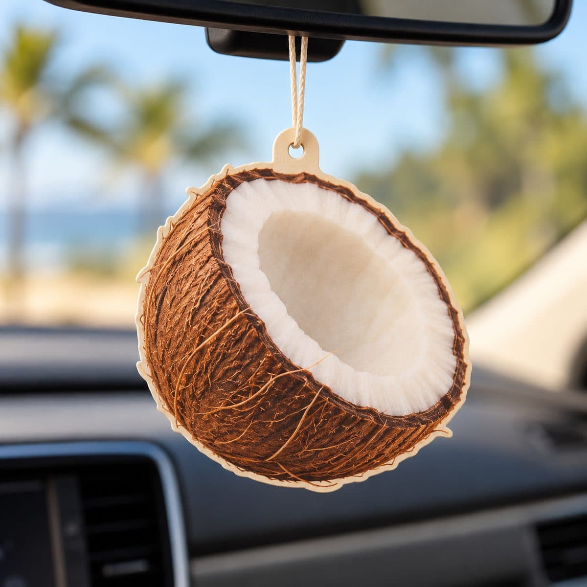 Coconut: Duftanhänger mit aufgeschnittener Kokosnuss und Kokosnussduft, Designentwurf