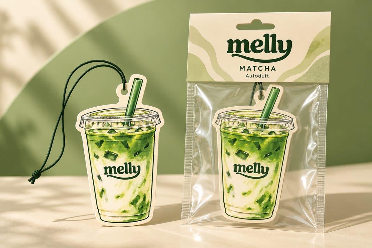 Matcha-Latte-Autoduft von melly: Duftanhänger in Becherform neben der Verpackung, Designentwurf