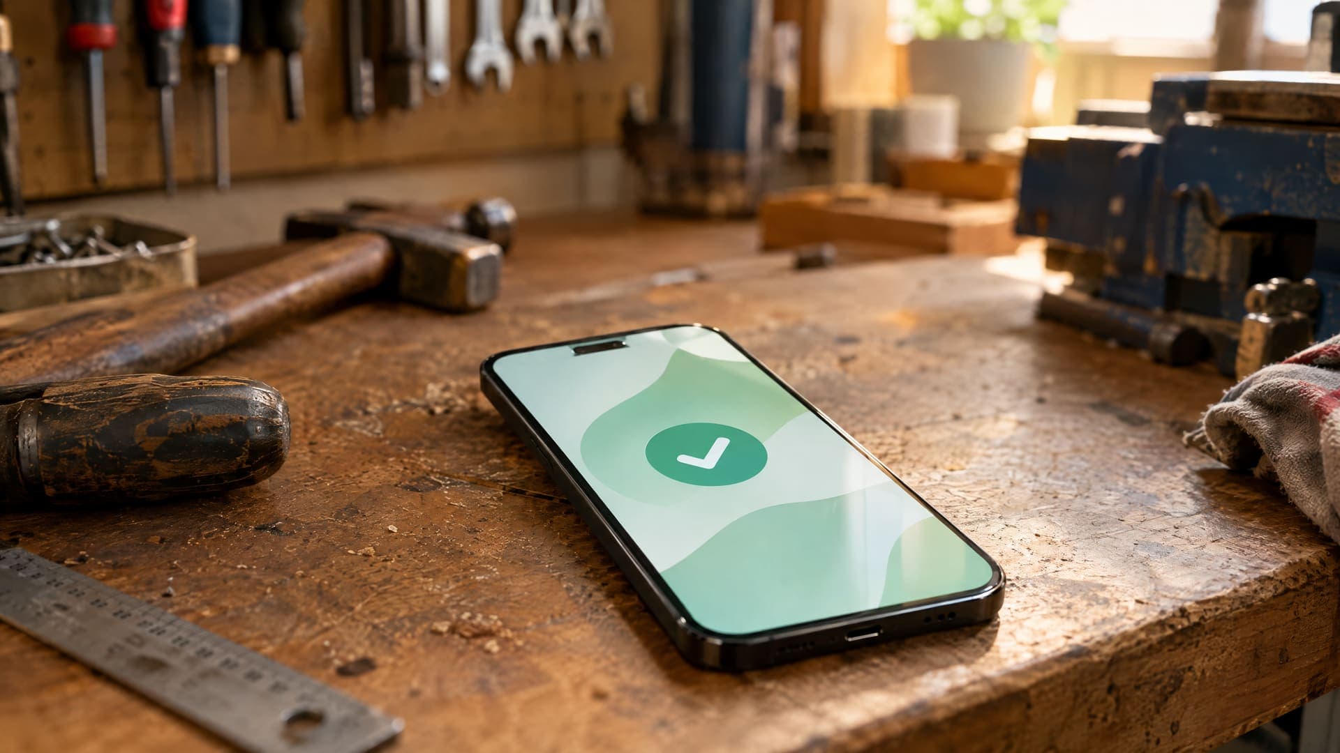 Smartphone mit einer abstrakten Bestätigungsseite mit Häkchen auf einer Werkbank in einer Werkstatt, daneben Werkzeug, keine lesbare Schrift