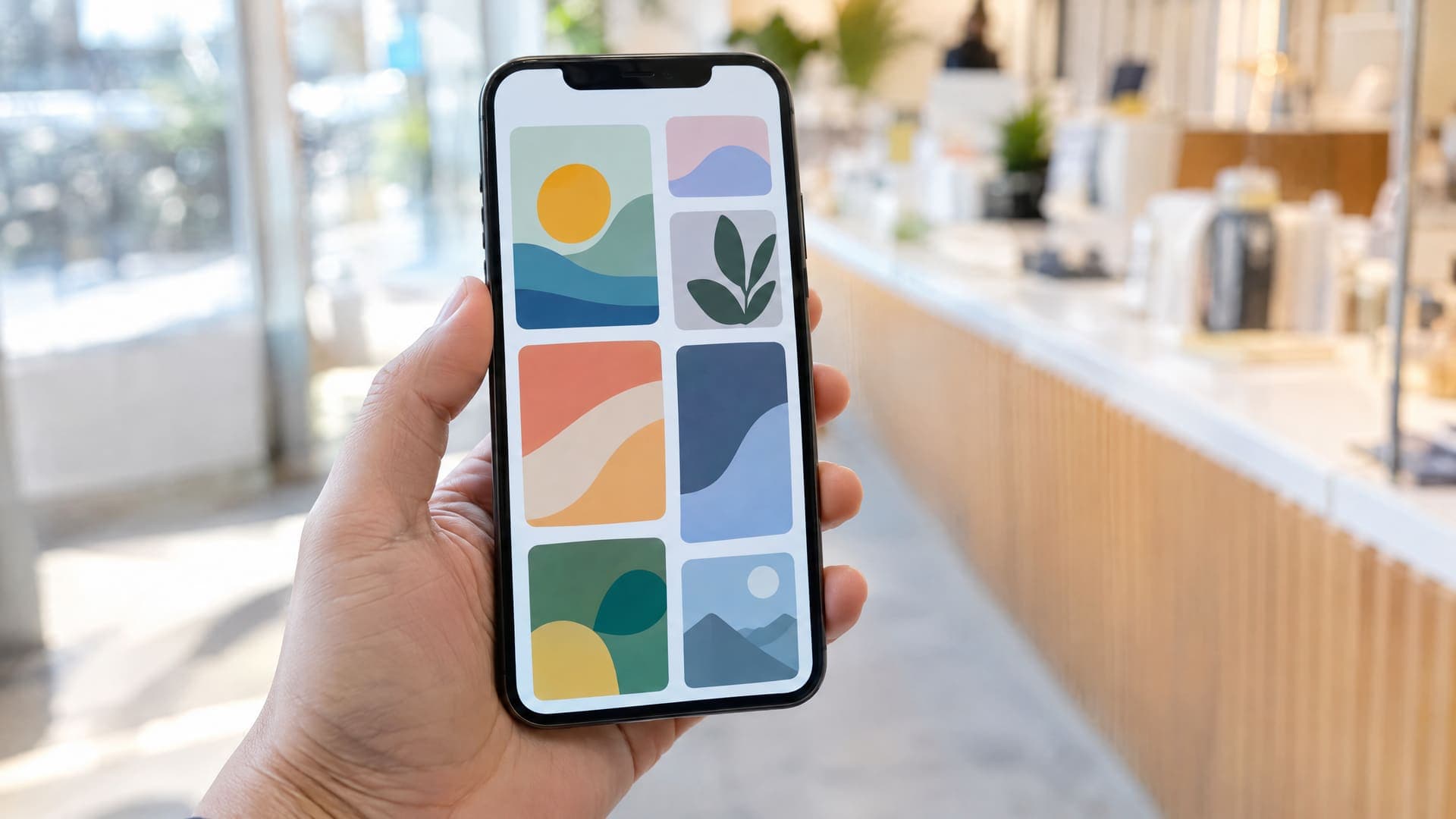 Hand hält ein Smartphone im Hochformat mit einem abstrakten Bild-Feed vor einer hellen Ladentheke, Anzeige nur Formen ohne Text