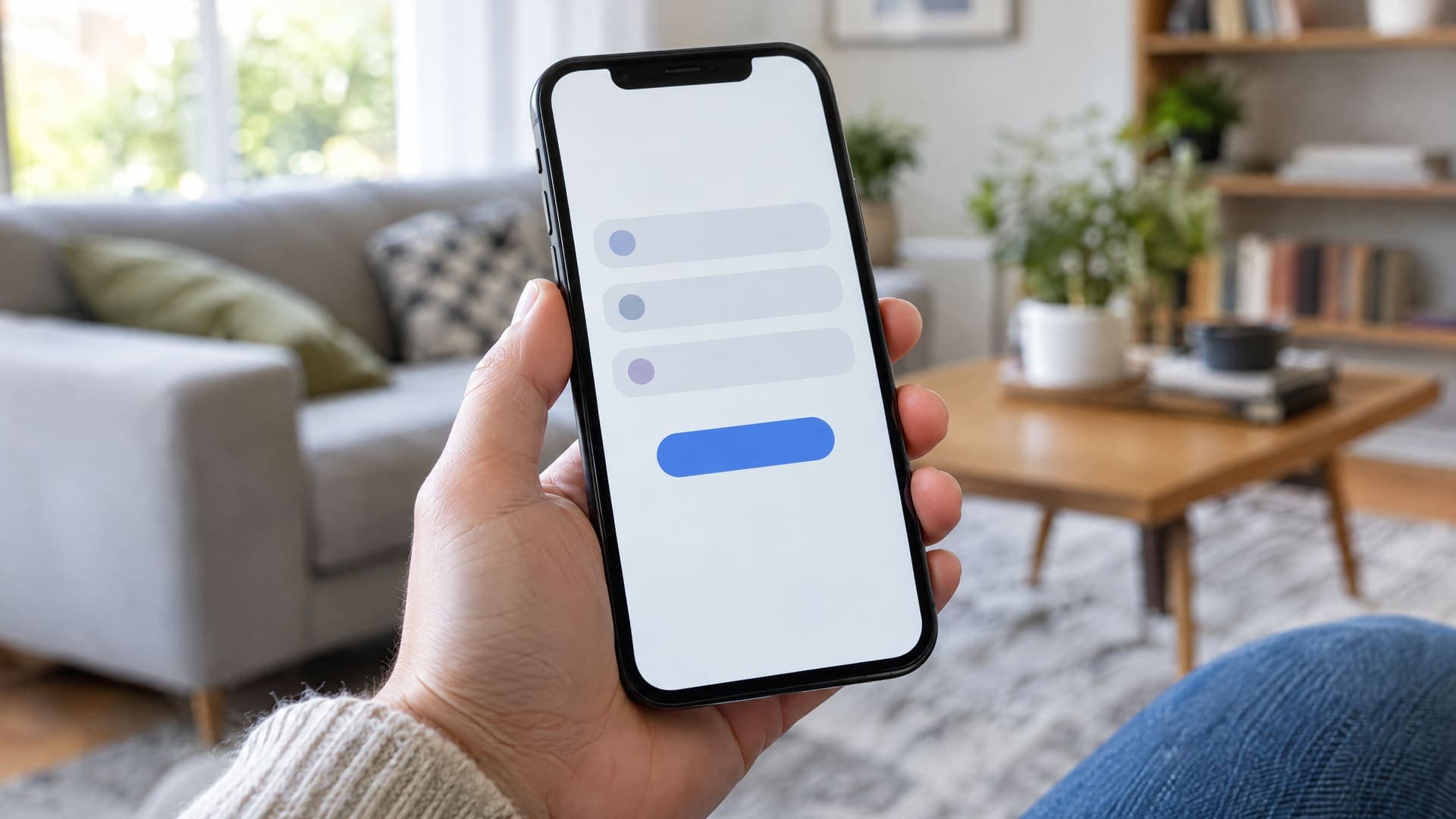 Hand hält ein Smartphone mit einem kurzen Formular aus drei Feldern und einem Button, im Hintergrund ein unscharfes Wohnzimmer, Text unleserlich