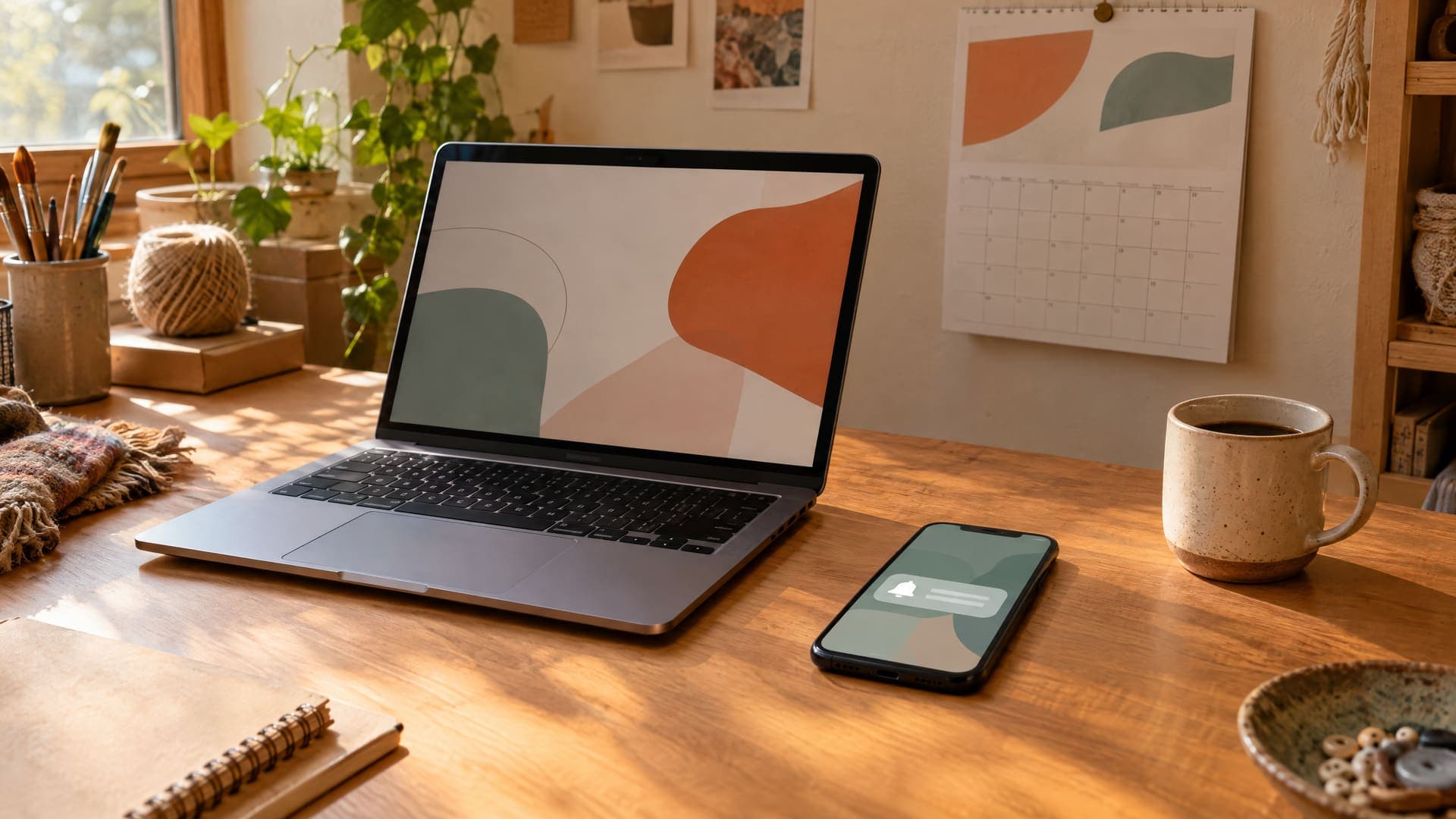 Schreibtisch eines Handwerksbetriebs mit Laptop und Smartphone, auf dem Smartphone eine abstrakte Benachrichtigung, daneben Kalender und Kaffeetasse, Schrift unleserlich