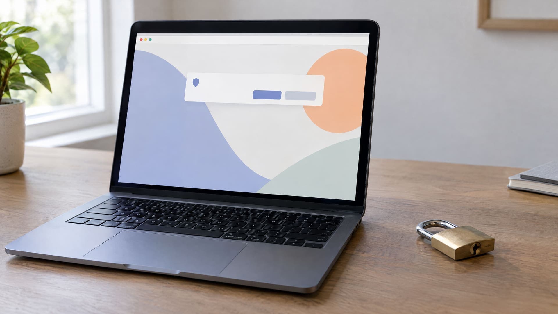 Laptop mit einer abstrakten Webseite und einem Hinweisbanner mit zwei gleich großen Schaltflächen, daneben ein Vorhängeschloss, ohne lesbare Schrift