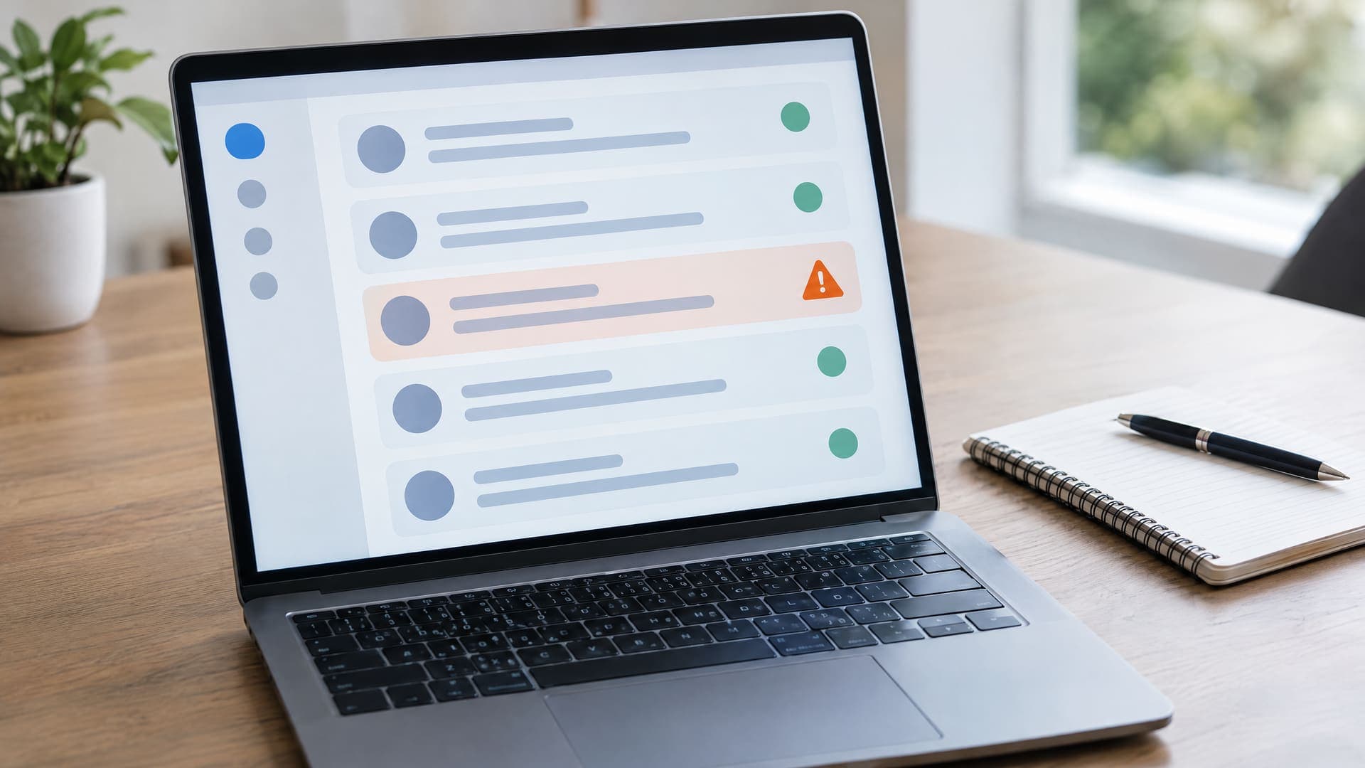 Laptop zeigt eine abstrakte Liste mit einem orangefarbenen Warnsymbol neben einer Zeile, daneben ein Notizbuch und ein Stift, keine lesbare Schrift