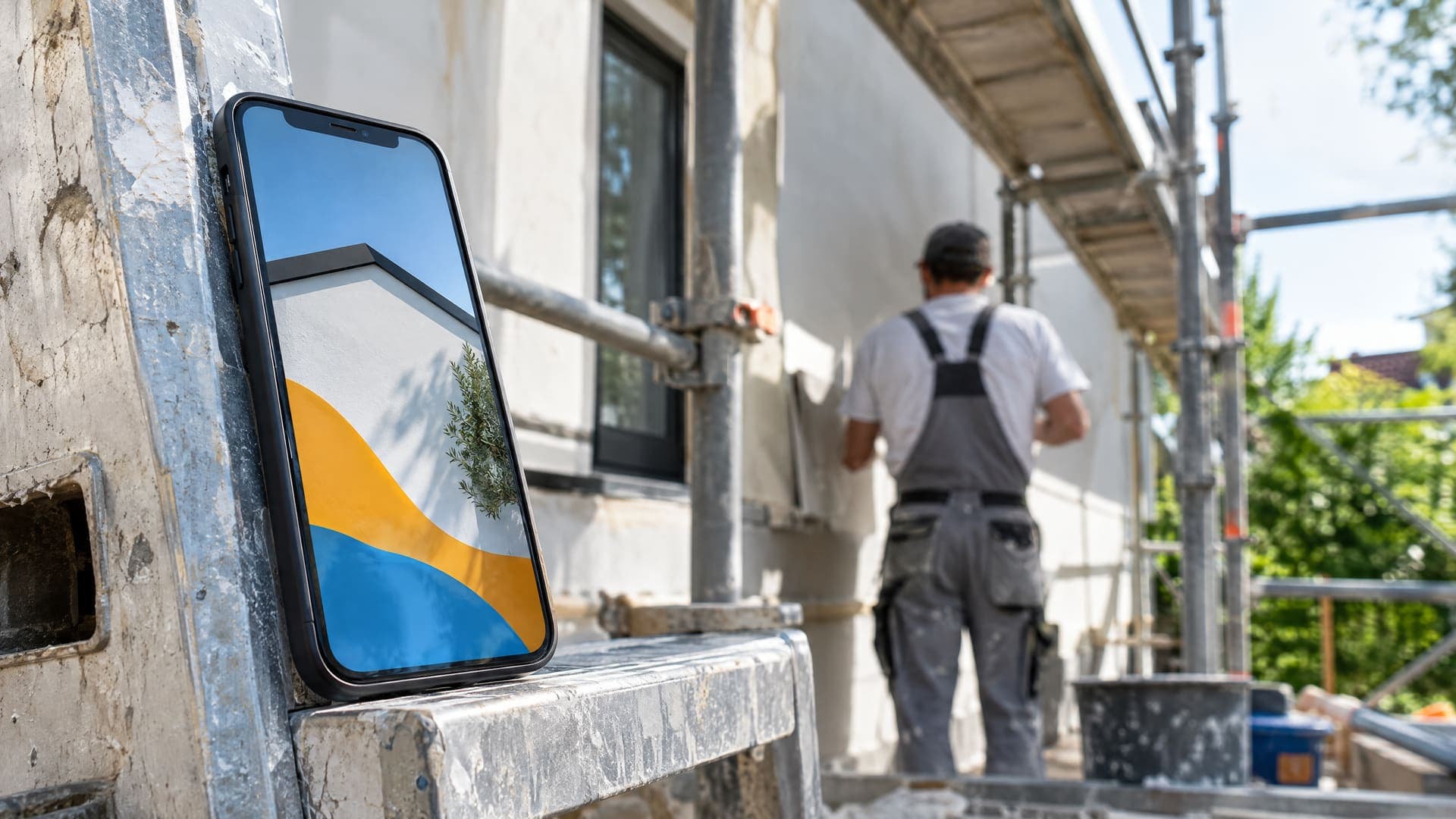 Smartphone lehnt an einer Leiter vor einer Hauswand mit Gerüst, auf dem Display eine abstrakte Anzeigenvorschau, ein Handwerker im Hintergrund von hinten und unscharf