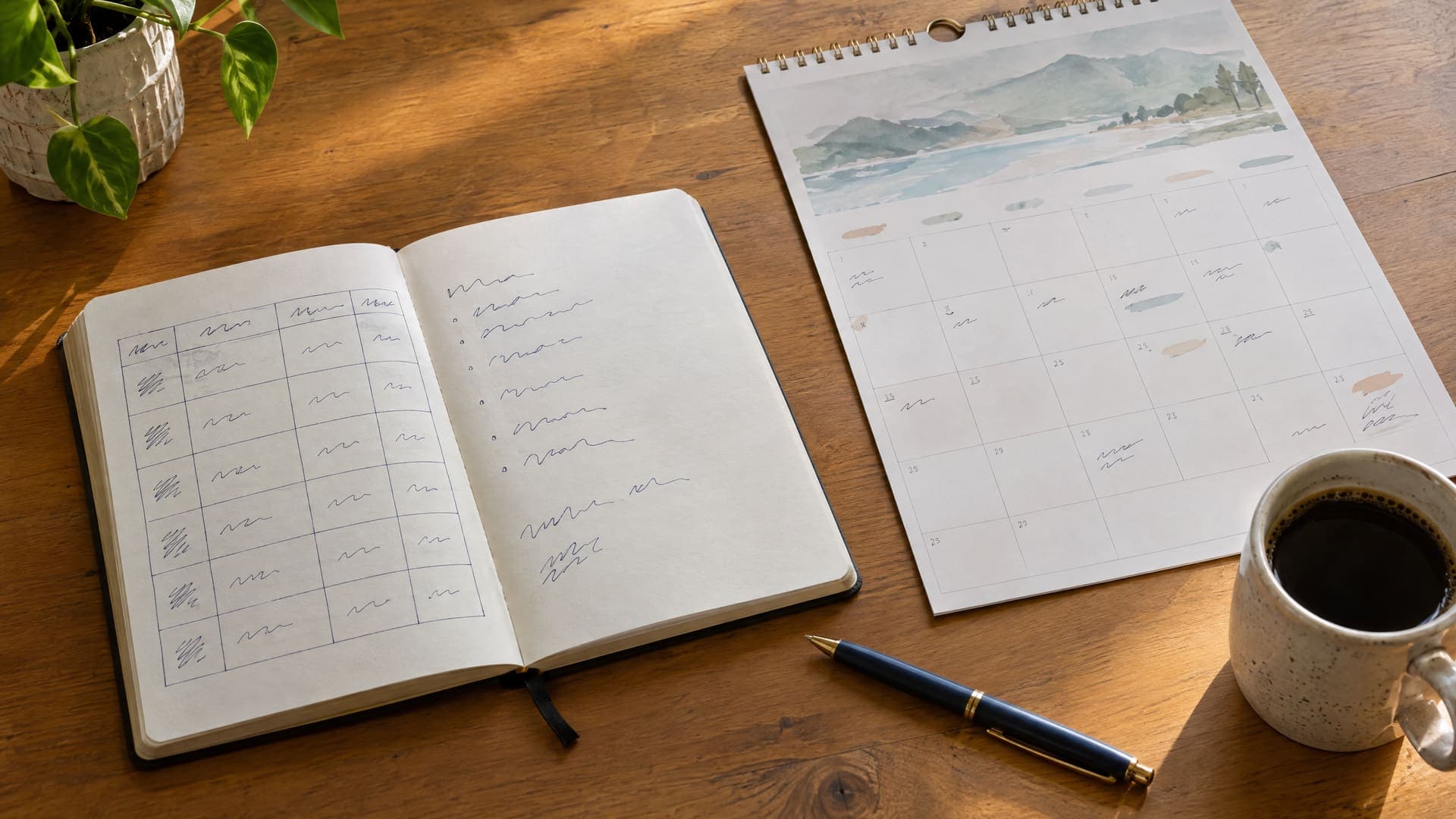 Aufgeschlagenes Notizbuch mit handgezeichneter Tabelle und einem Monatskalender daneben, Stift und Kaffeetasse auf einem Holztisch, Schrift unleserlich