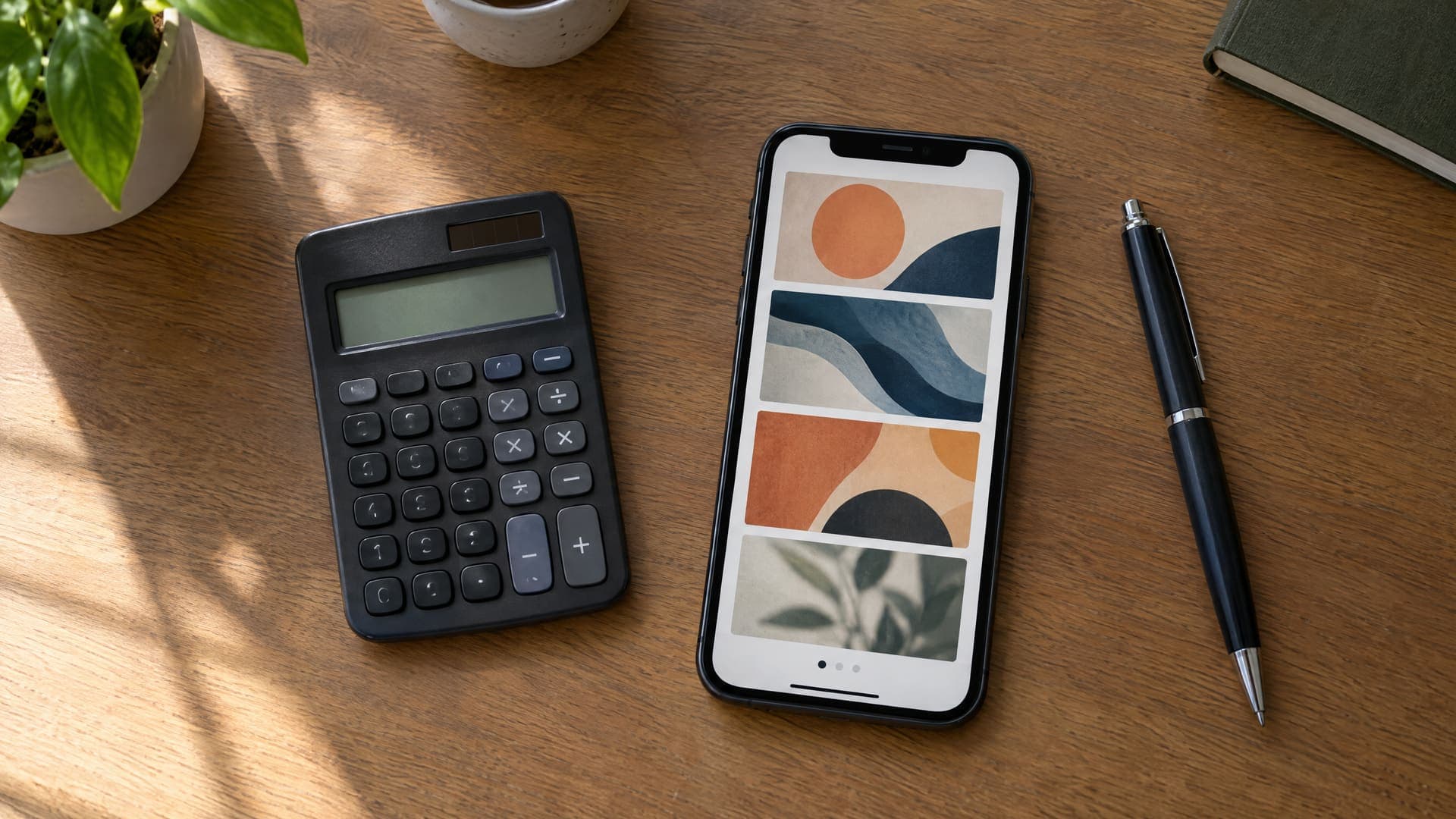 Taschenrechner und Smartphone mit einem abstrakten Bilder-Feed auf einem Schreibtisch, daneben ein Stift, Zahlen und Text nicht lesbar