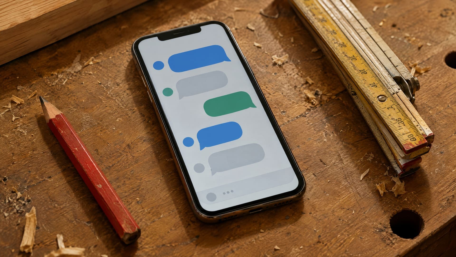 Smartphone mit einem abstrakten Chatverlauf aus Sprechblasen liegt auf einer Werkbank neben Zollstock und Bleistift, keine lesbare Schrift