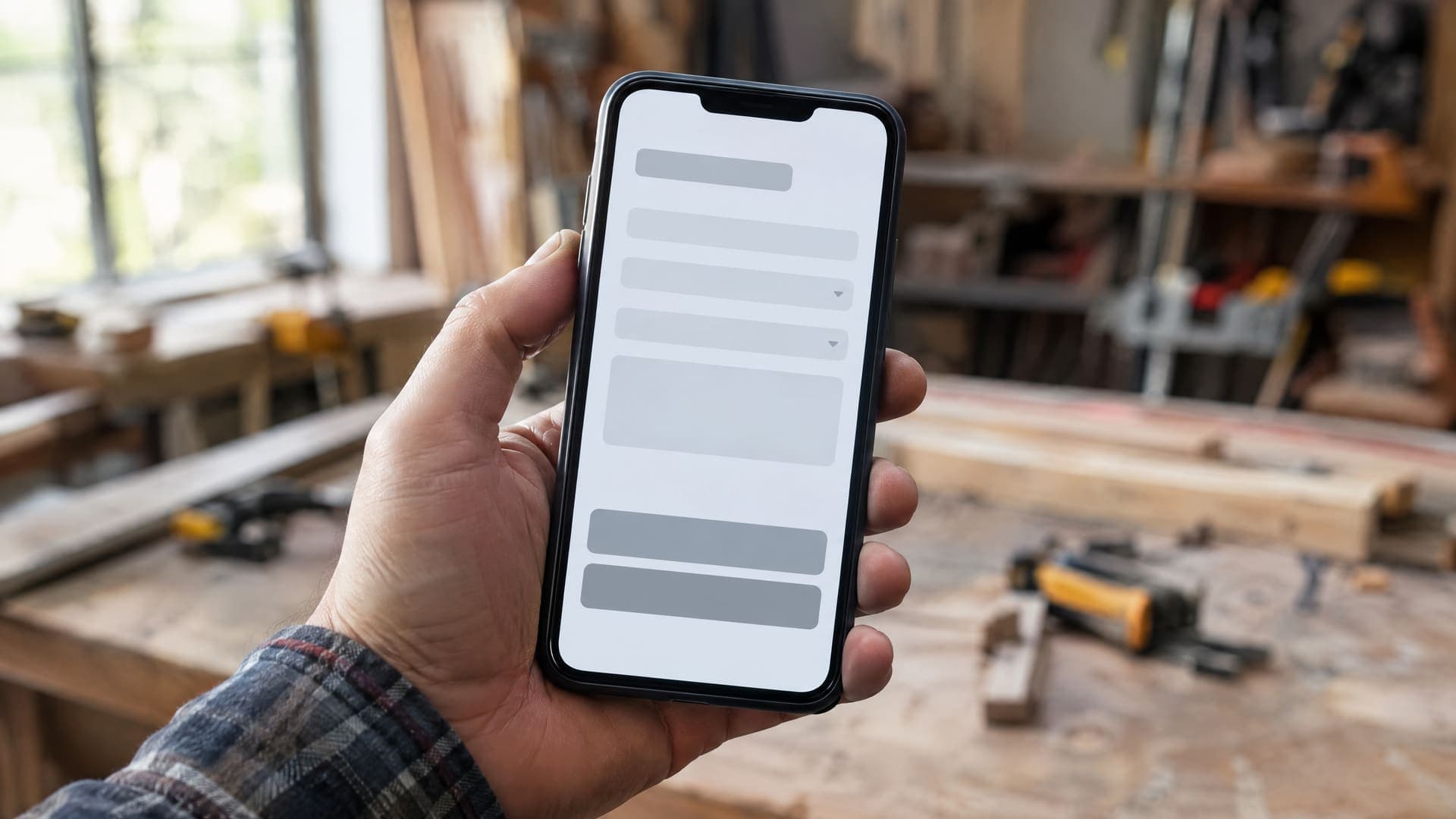 Hand hält Smartphone mit Anfrageformular in einer Werkstatt