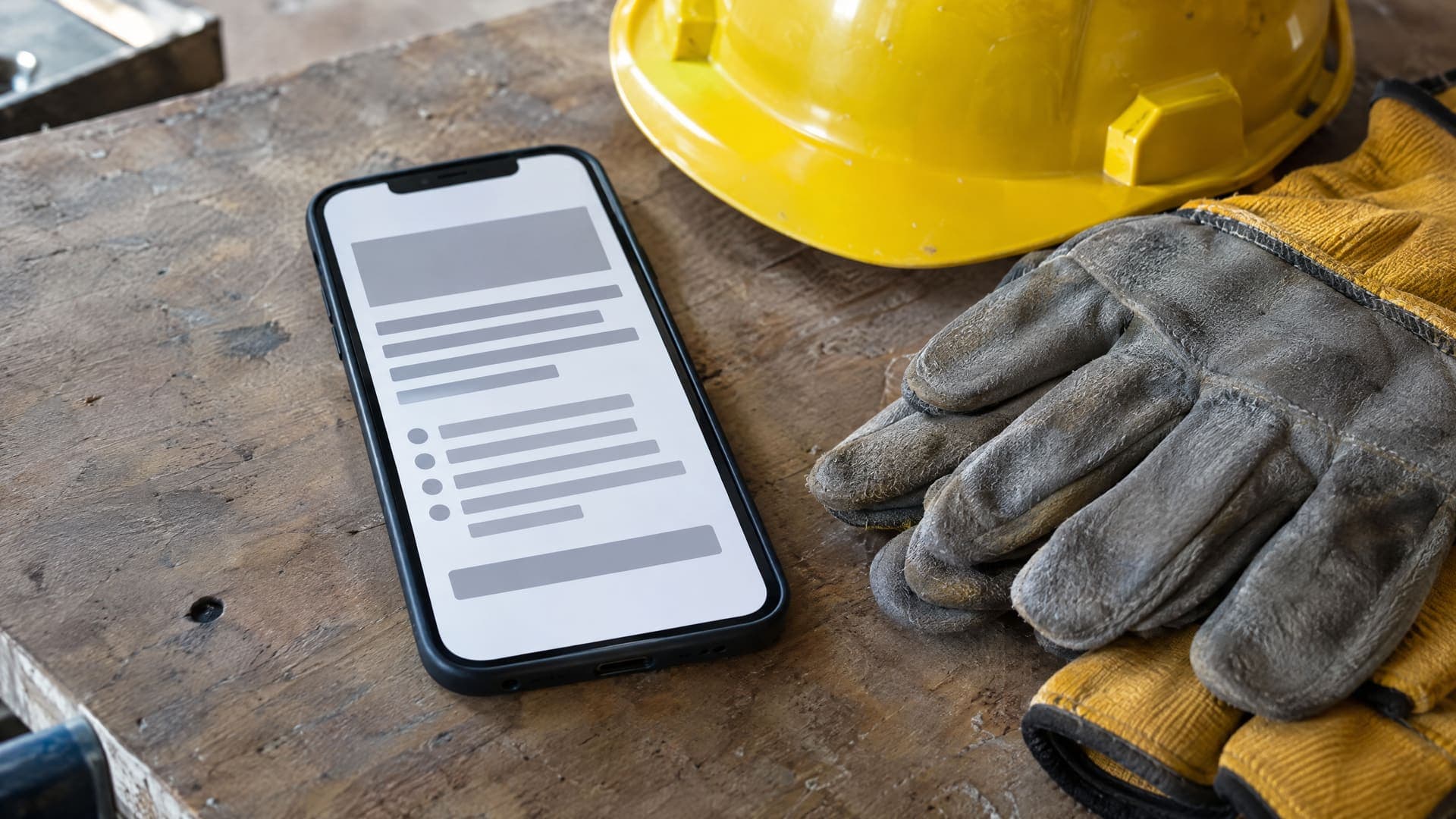 Smartphone mit Stellenanzeige neben Helm und Arbeitshandschuhen
