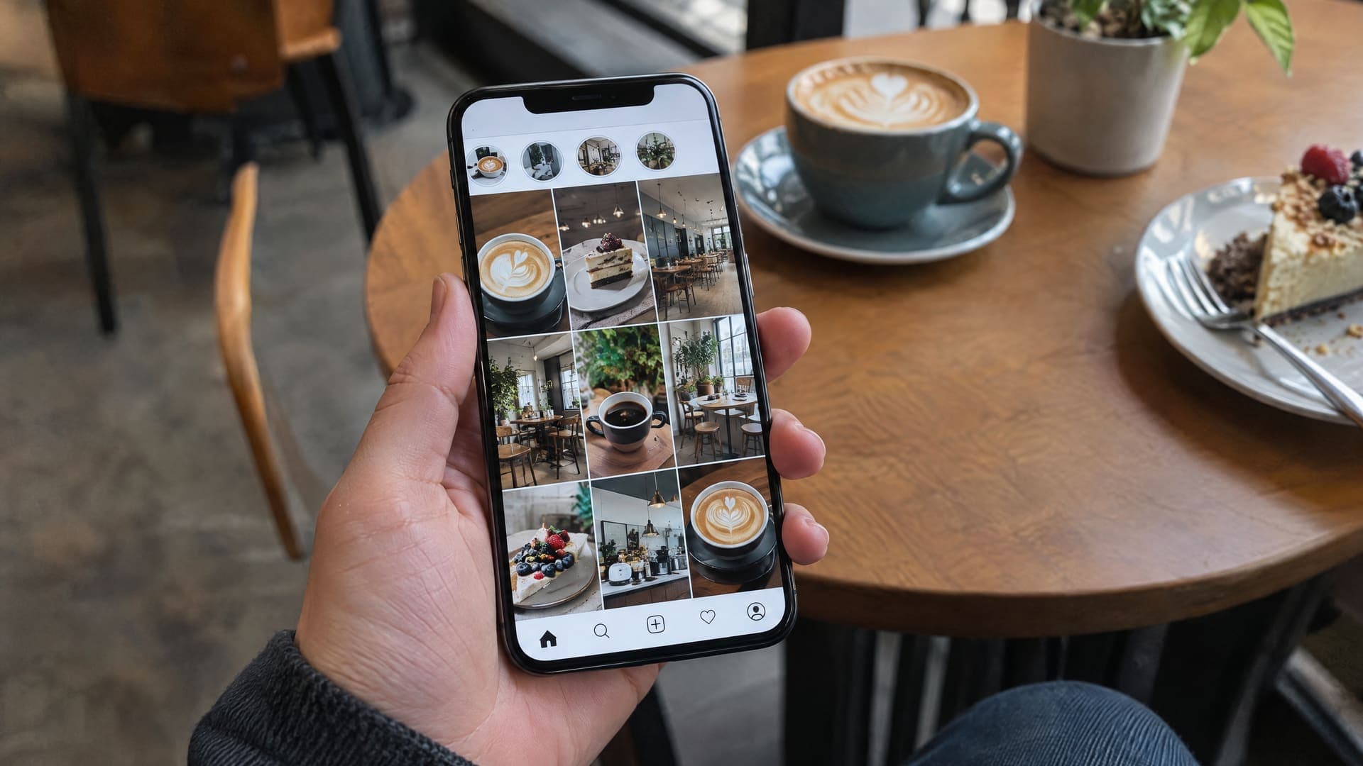 Hand mit Smartphone, das Fotos eines Cafés im Feed zeigt
