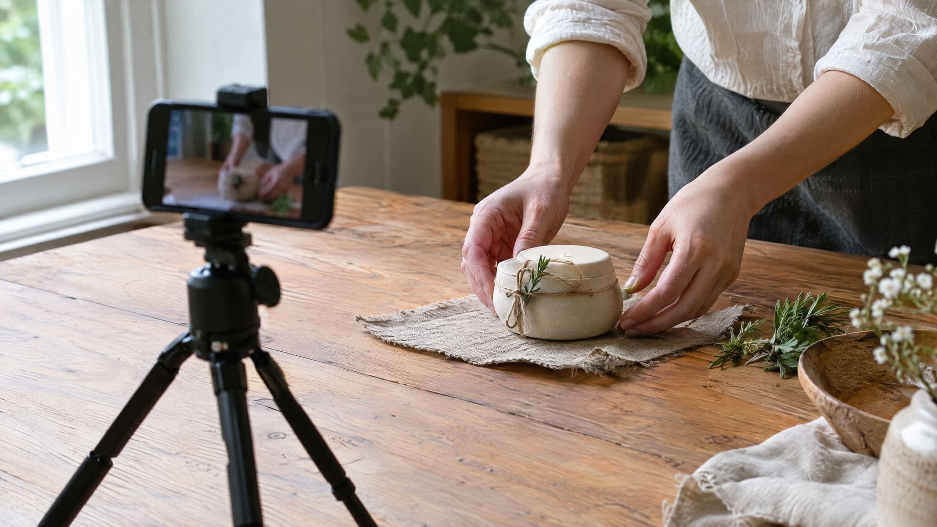 Hände richten ein Produkt für ein Foto, Smartphone auf Stativ