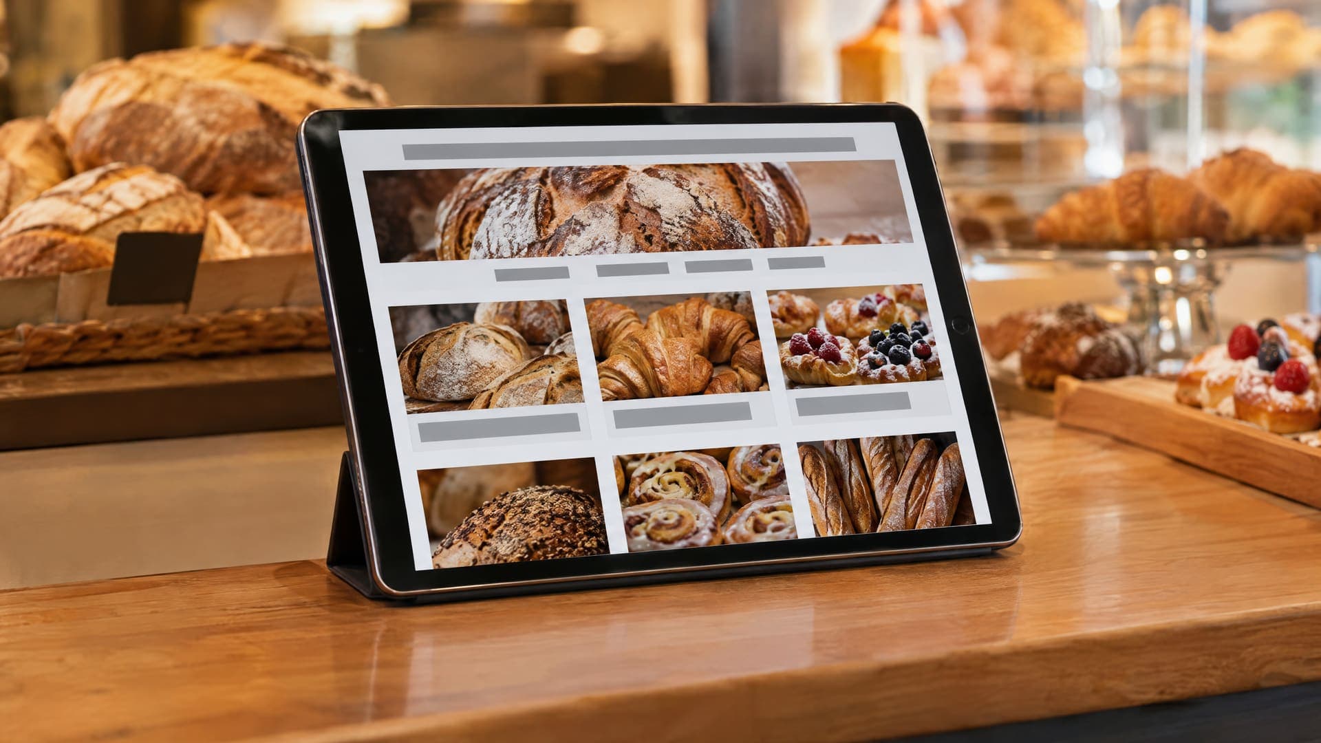 Tablet mit Produktseite einer Bäckerei auf einer Ladentheke