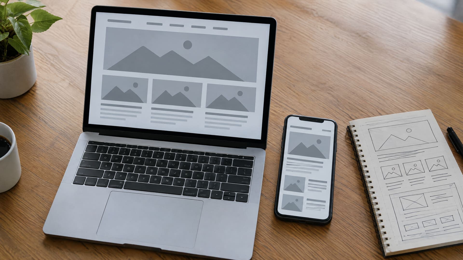 Laptop und Smartphone mit Seitenentwurf, daneben ein Skizzenbuch mit Layout