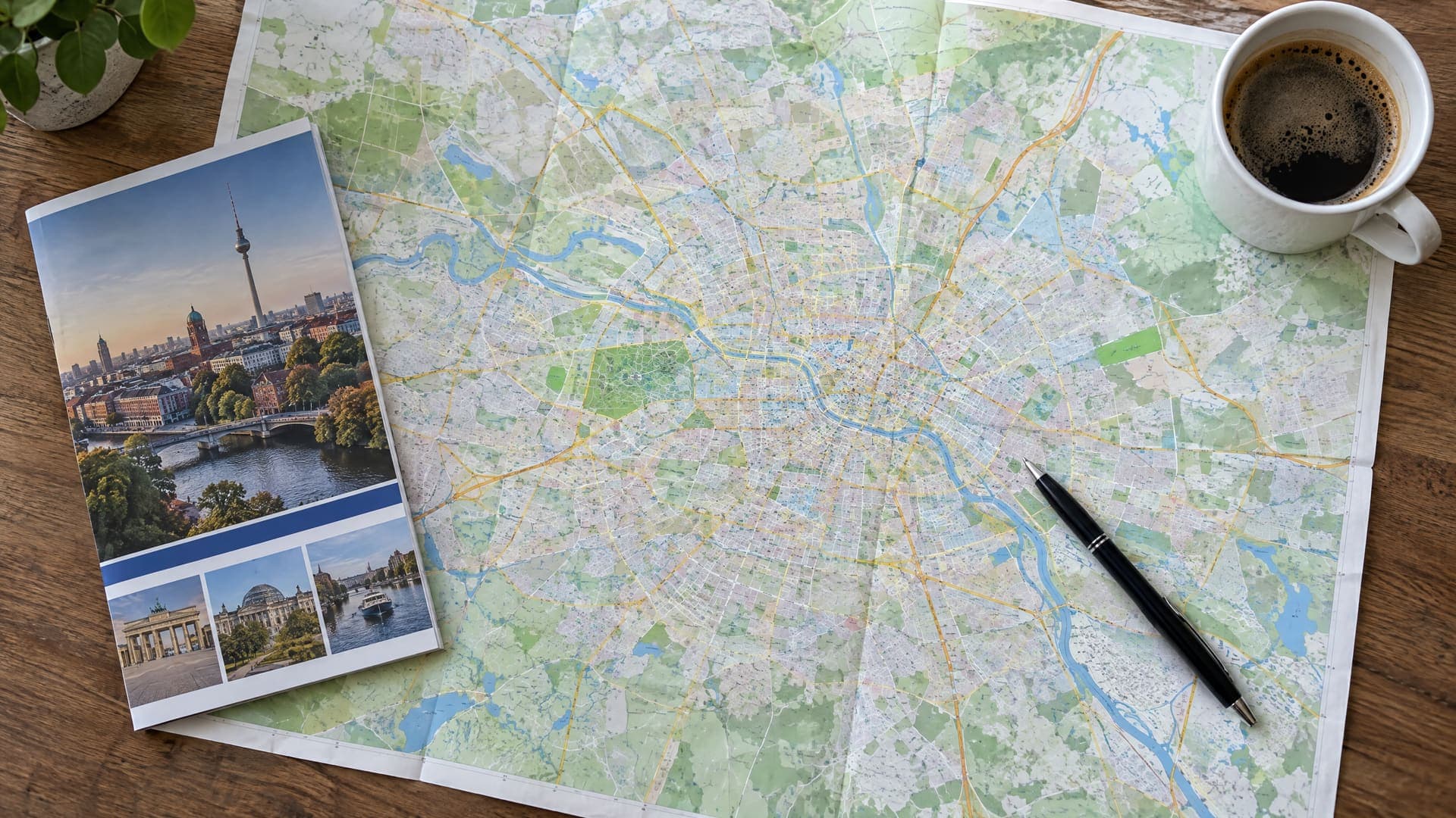 Draufsicht auf einen Stadtplan von Berlin und Umgebung mit einer gedruckten Broschüre, einem Stift und einer Kaffeetasse im Tageslicht