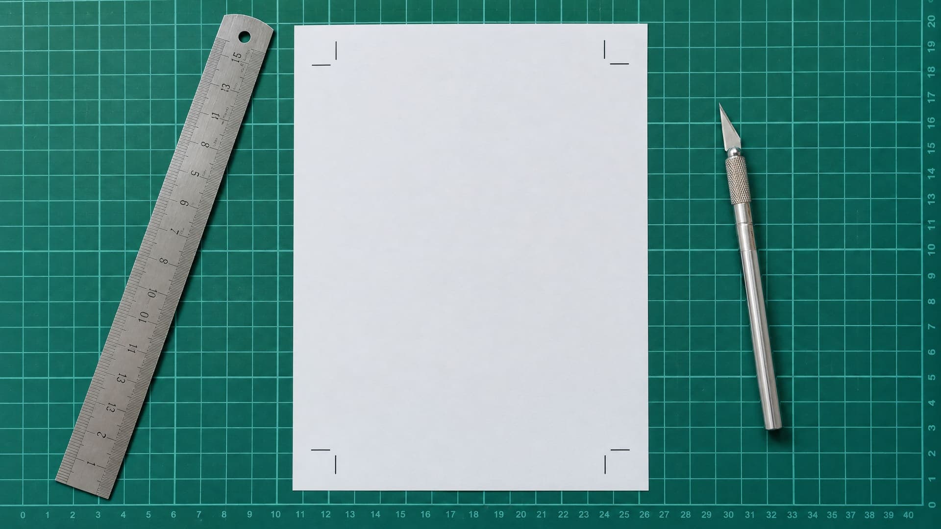 Weißes Blatt mit Schnittmarken auf einer grünen Schneidematte neben Metalllineal und Cuttermesser