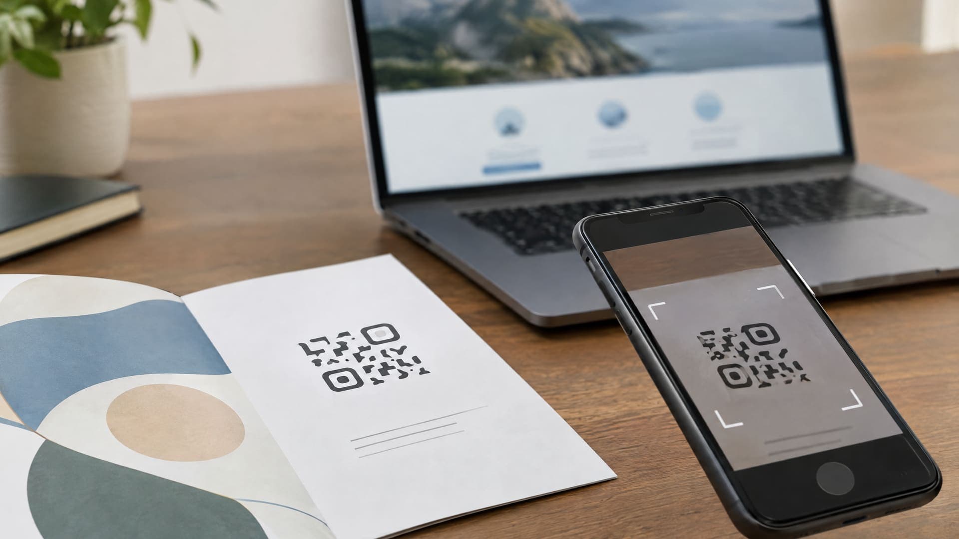 Gedruckte Broschüre mit abstraktem QR-Code neben einem Smartphone, das ihn scannt, dahinter ein Laptop mit unscharfer Landingpage auf einem Schreibtisch