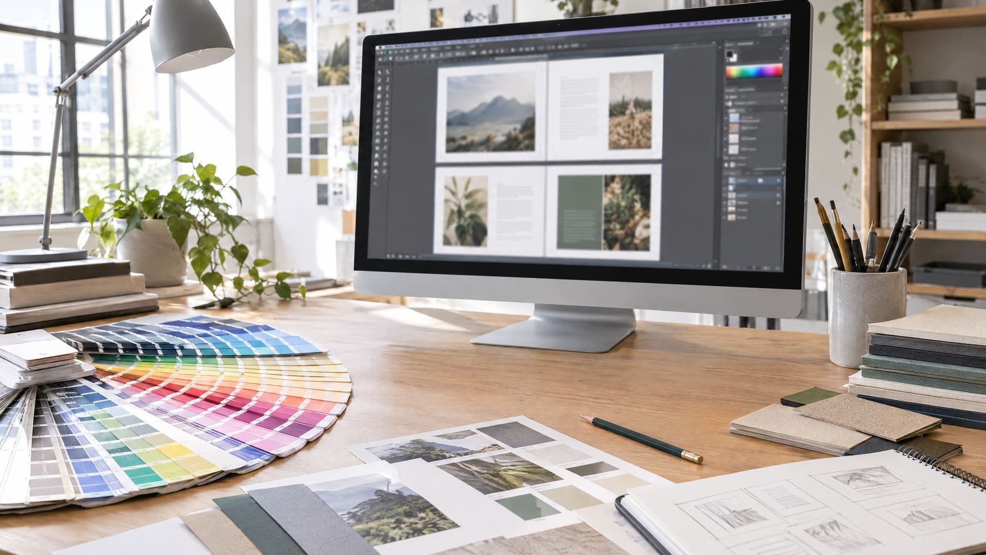 Designerschreibtisch mit großem Monitor, auf dem unscharf Broschüren-Doppelseiten im Layoutprogramm zu sehen sind, daneben Farbfächer und Papiermuster