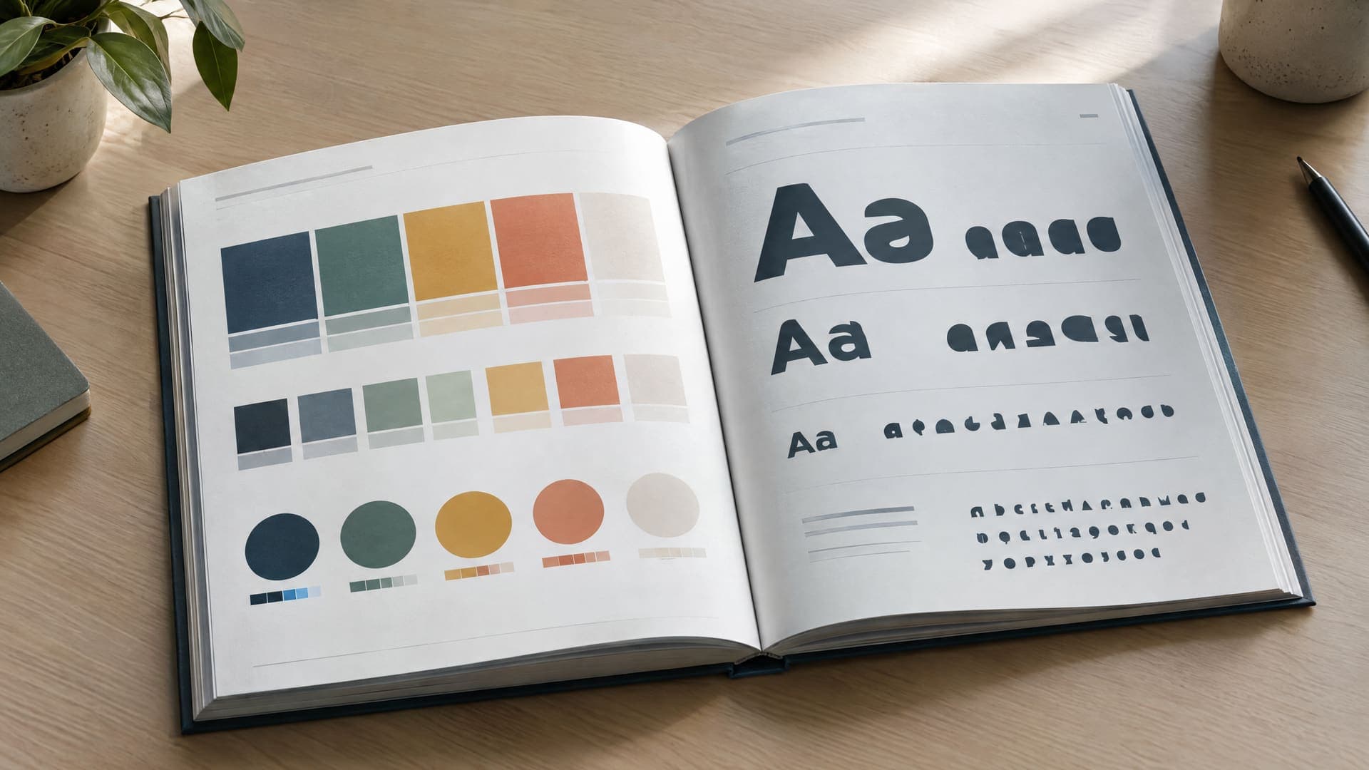Aufgeschlagenes Markenhandbuch mit Farbpalette aus Farbfeldern und einem Schriftmuster, Buchstaben als abstrakte Formen, auf einem Schreibtisch im Tageslicht