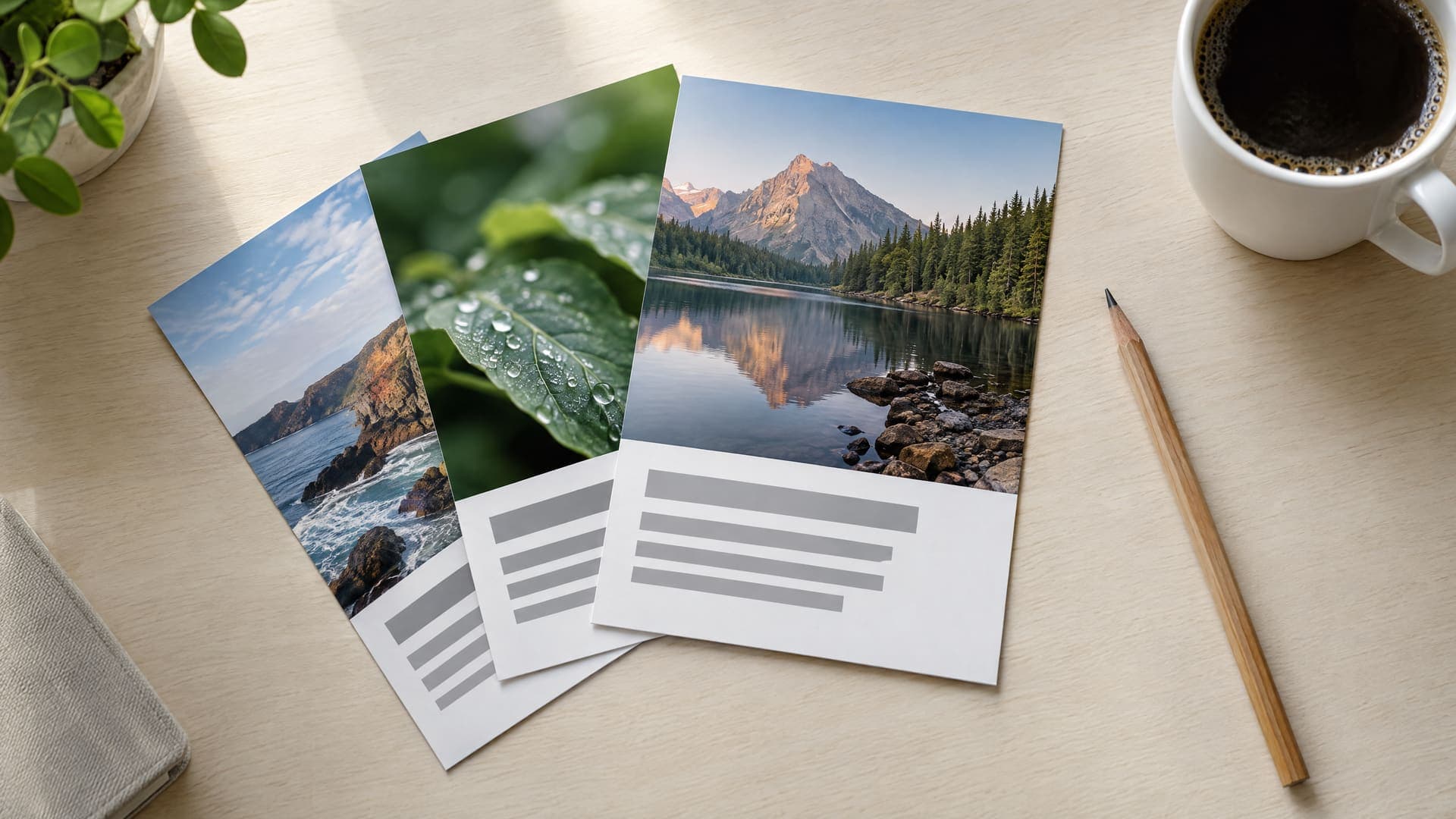 Drei A5-Flyer fächerförmig auf einem hellen Schreibtisch mit kräftiger Fotografie und grauen Textbalken, daneben Stift und Kaffeetasse