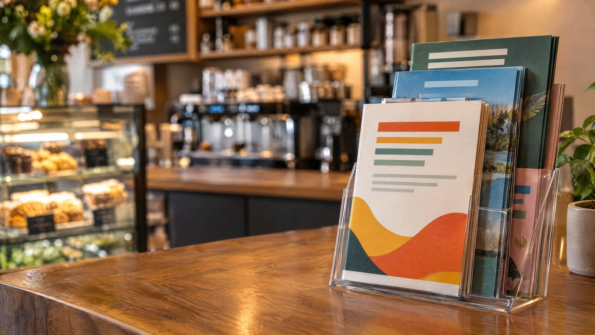 Flyer-Aufsteller auf einer Café-Theke mit mehreren bunten Flyern, Café im Hintergrund unscharf