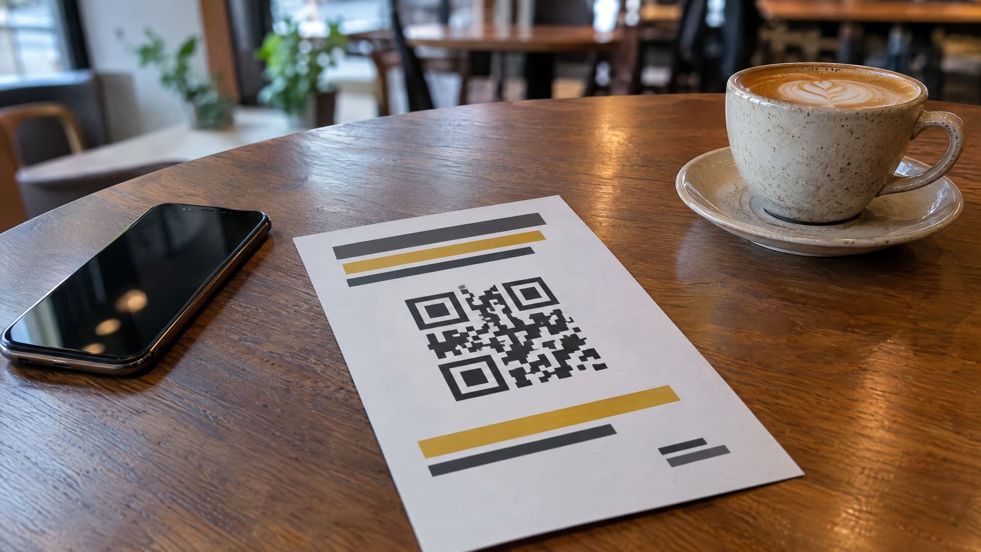 Flyer mit QR-Code neben einem Smartphone und einer Tasse Cappuccino auf einem Café-Tisch