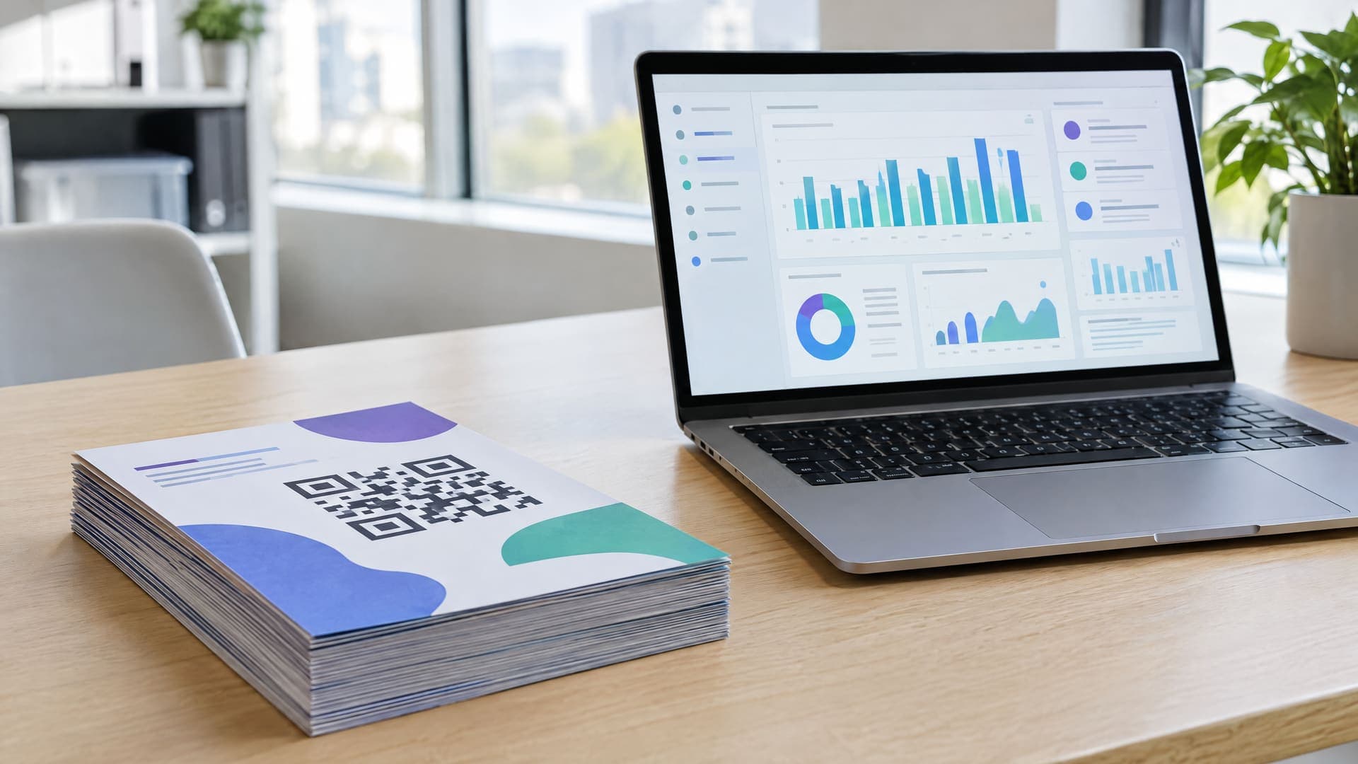 Stapel Flyer mit abstrakten QR-Codes auf einem Tisch neben einem Laptop mit unscharfem Dashboard aus Balkendiagrammen