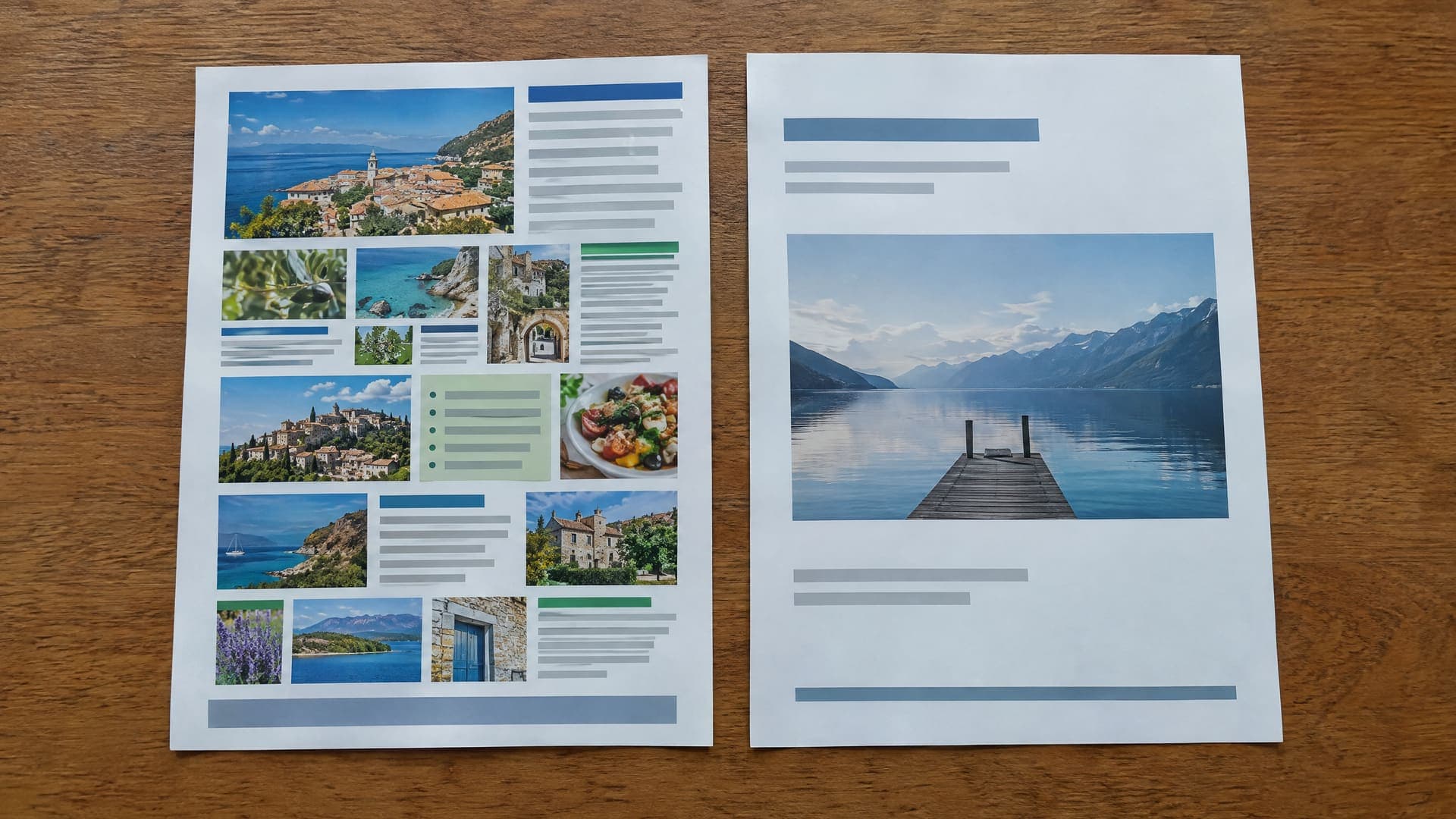 Zwei Flyer nebeneinander auf einem Tisch: links überladen mit vielen kleinen Fotos und Kästen, rechts klar mit einem Foto und viel Weißraum