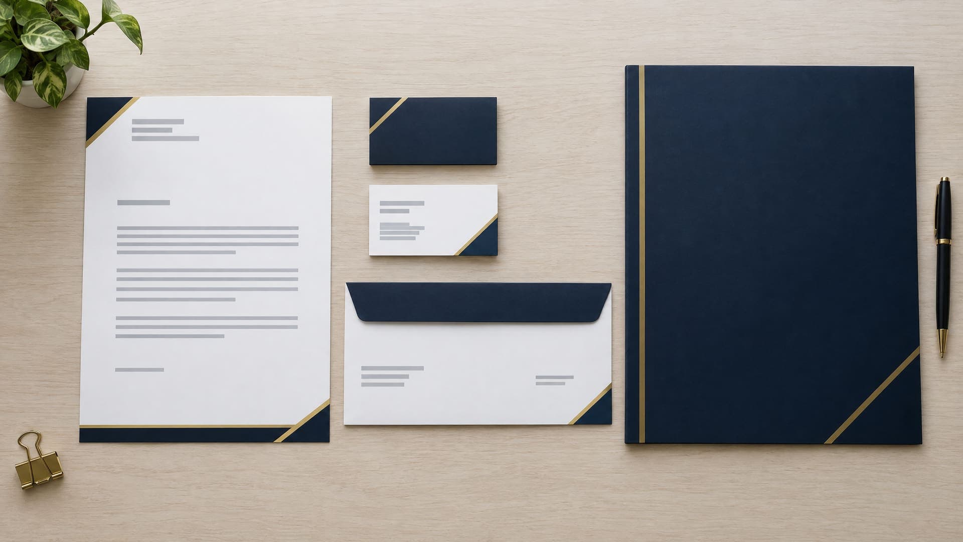 Draufsicht auf ein einheitliches Set aus Briefpapier, Visitenkarten, Umschlag und Mappe in Navy und Gold auf einem hellen Schreibtisch, Texte als graue Balken