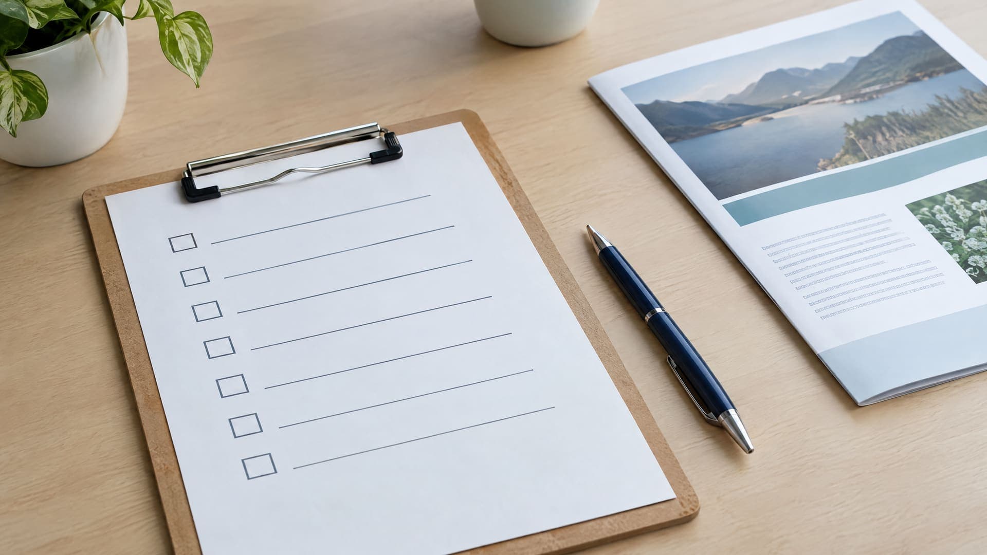 Klemmbrett mit einer Checkliste aus abstrakten Kästchen neben einer gedruckten Broschüre und einem Stift auf einem Schreibtisch