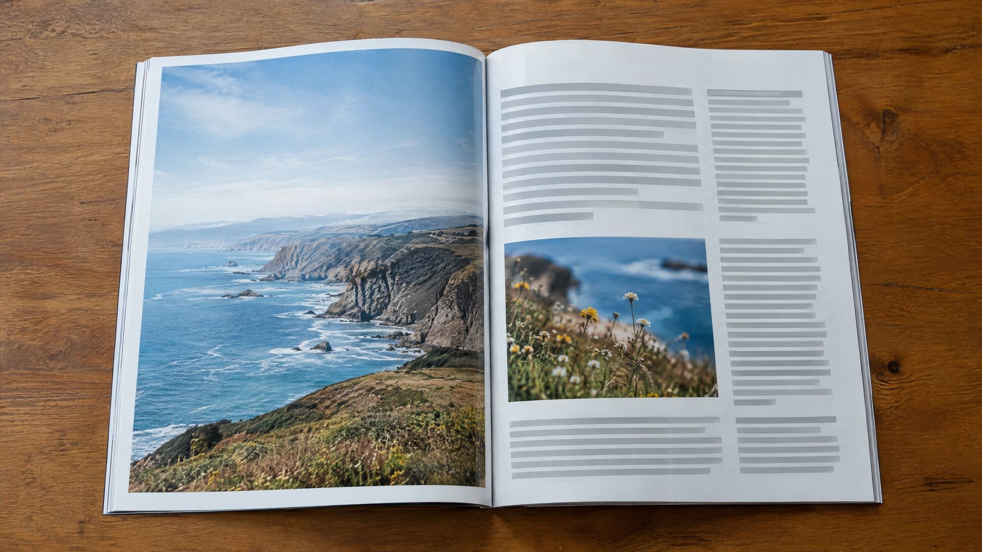 Aufgeschlagenes Magazin auf einem Holztisch mit ganzseitigem Foto und Spalten aus grauen Textbalken im natürlichen Licht