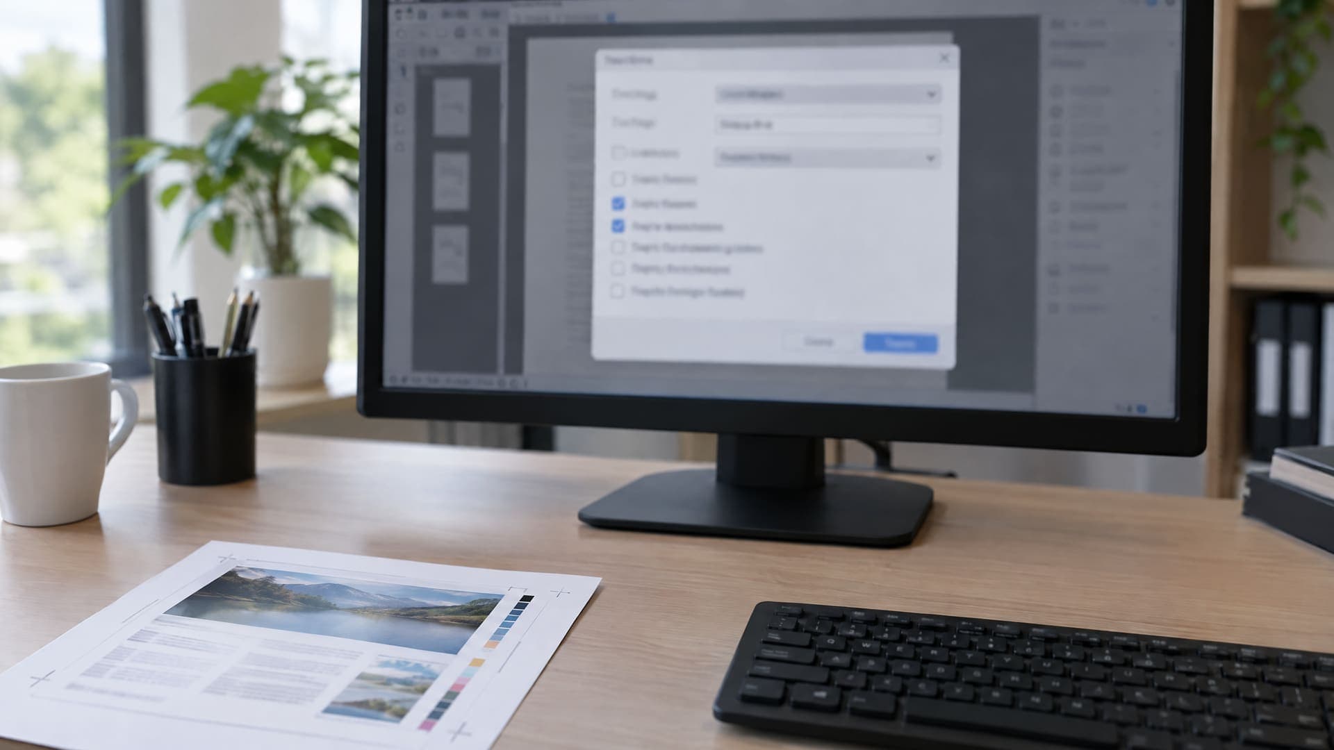 Monitor mit unscharfem PDF-Exportdialog aus Kontrollkästchen, daneben ein gedruckter Andruck an der Tastatur, ruhiges Büro