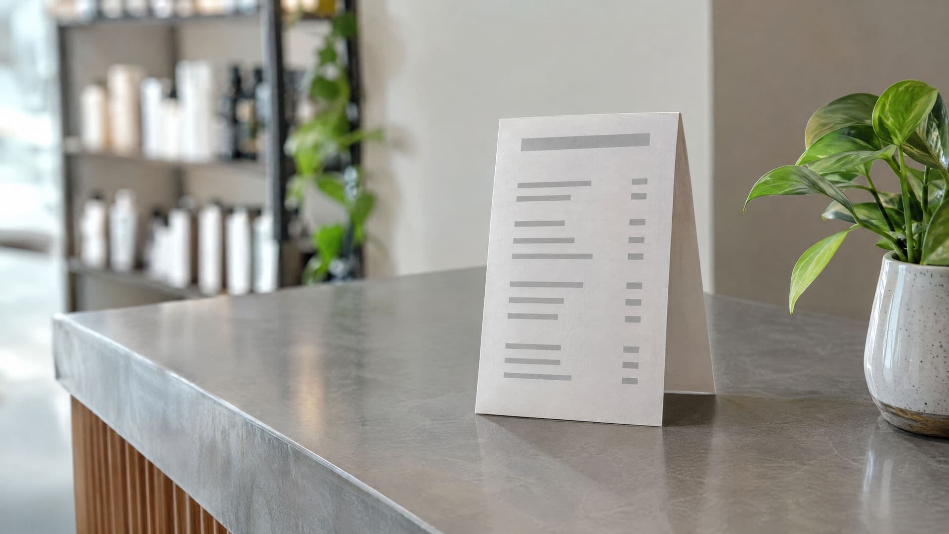 Gefaltete Preislistenkarte auf einer Servicetheke neben einer kleinen Pflanze, Zeilen als graue Balken im weichen Licht