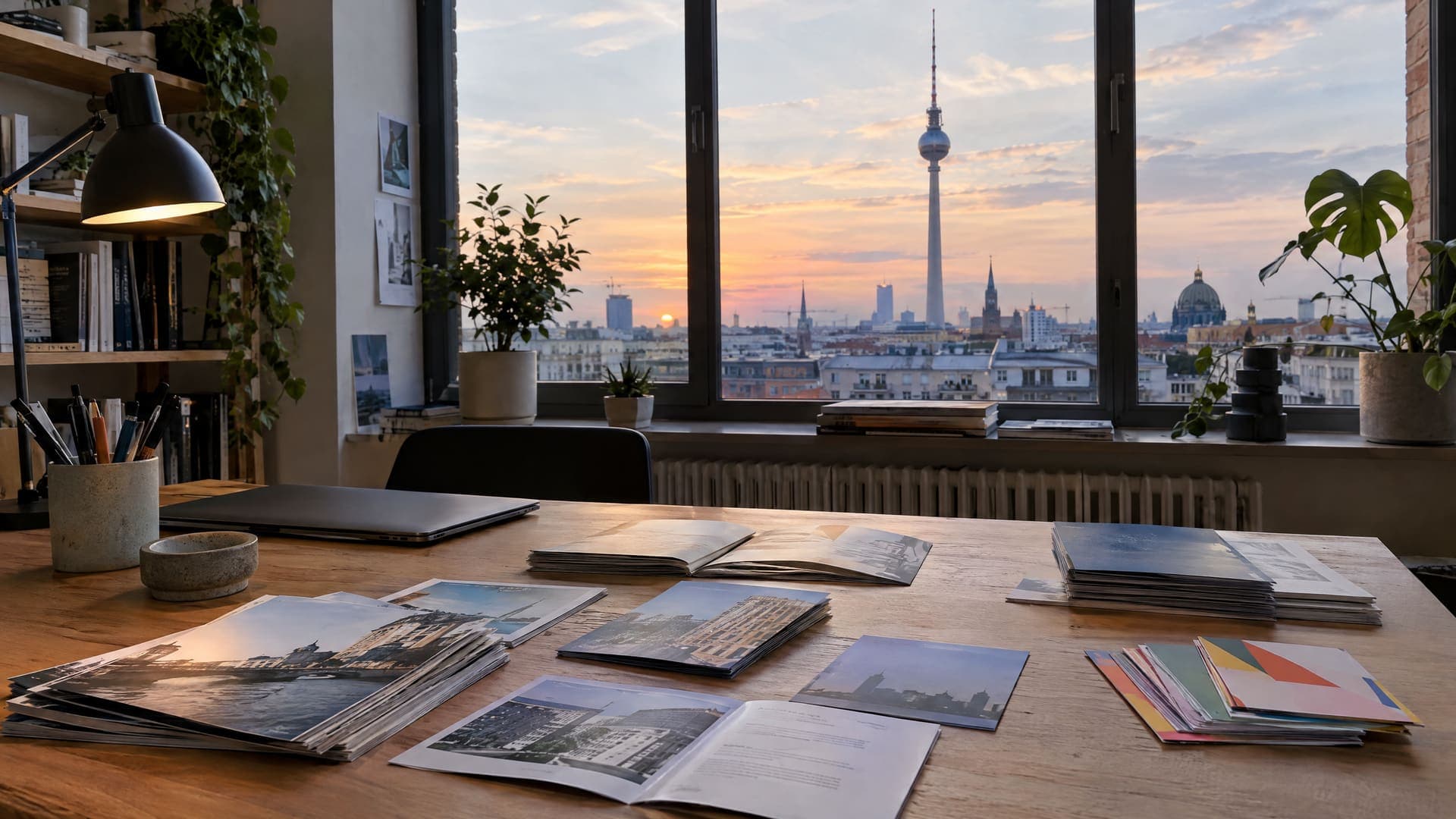 Schreibtisch mit Broschüren und Flyern vor einem großen Fenster mit Blick auf den Berliner Fernsehturm im weichen Abendlicht