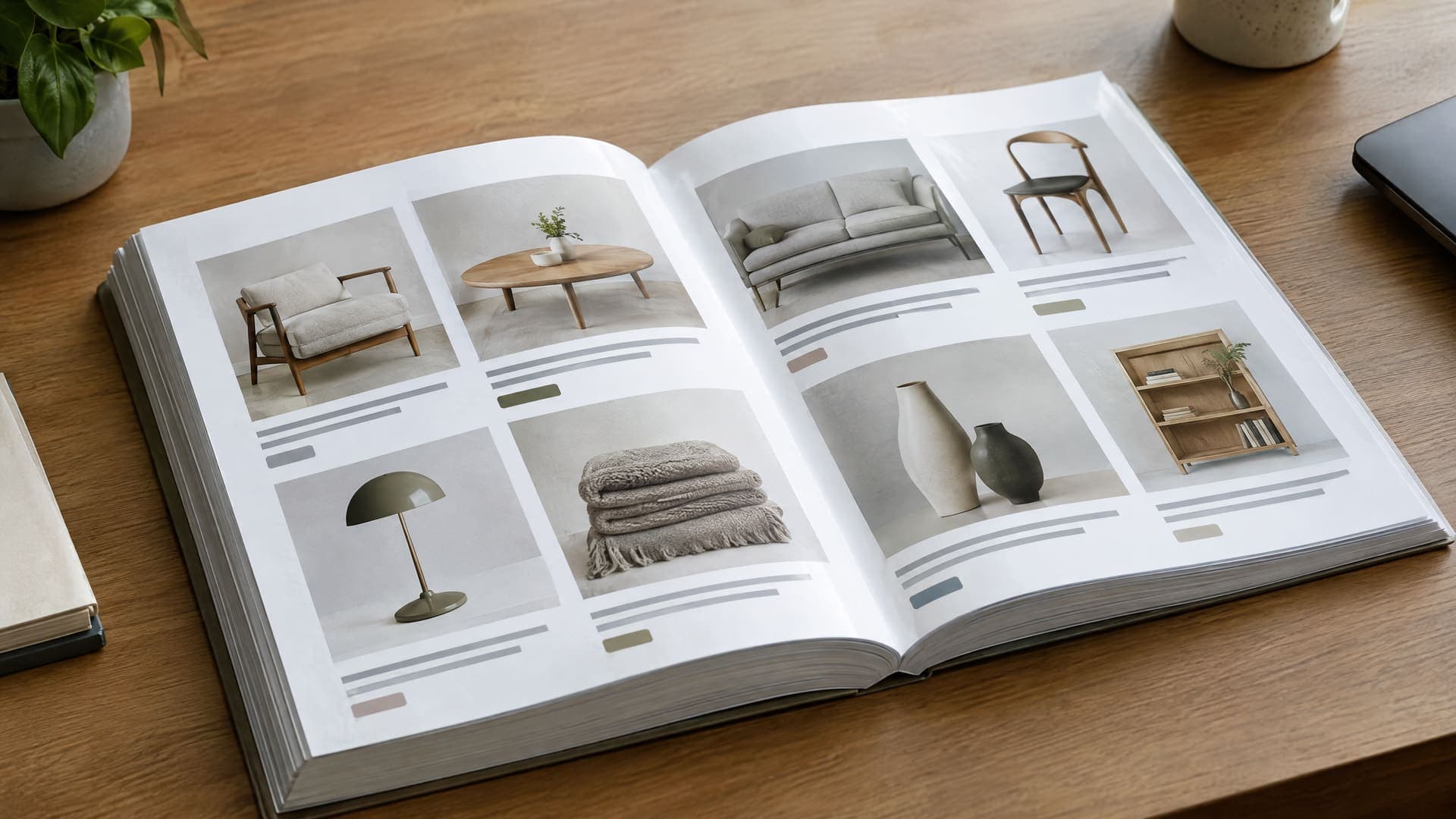 Dicker klebegebundener Produktkatalog aufgeschlagen auf einem Schreibtisch, Raster aus Produktfotos und graue Textbalken im weichen Licht