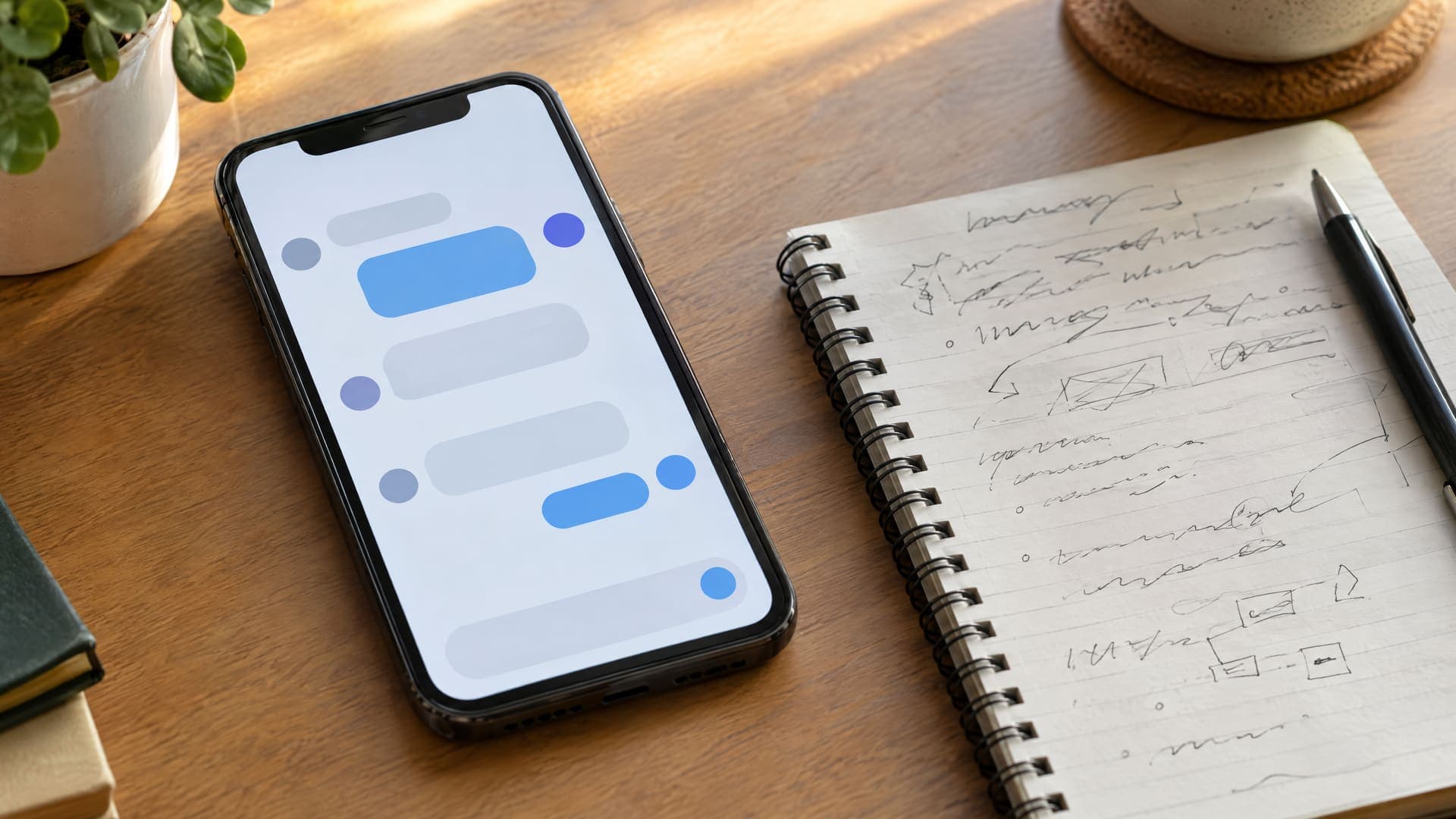 Smartphone mit einer abstrakten Chat-Nachricht neben einem Notizblock mit Entwurf auf einem Schreibtisch, Text unleserlich