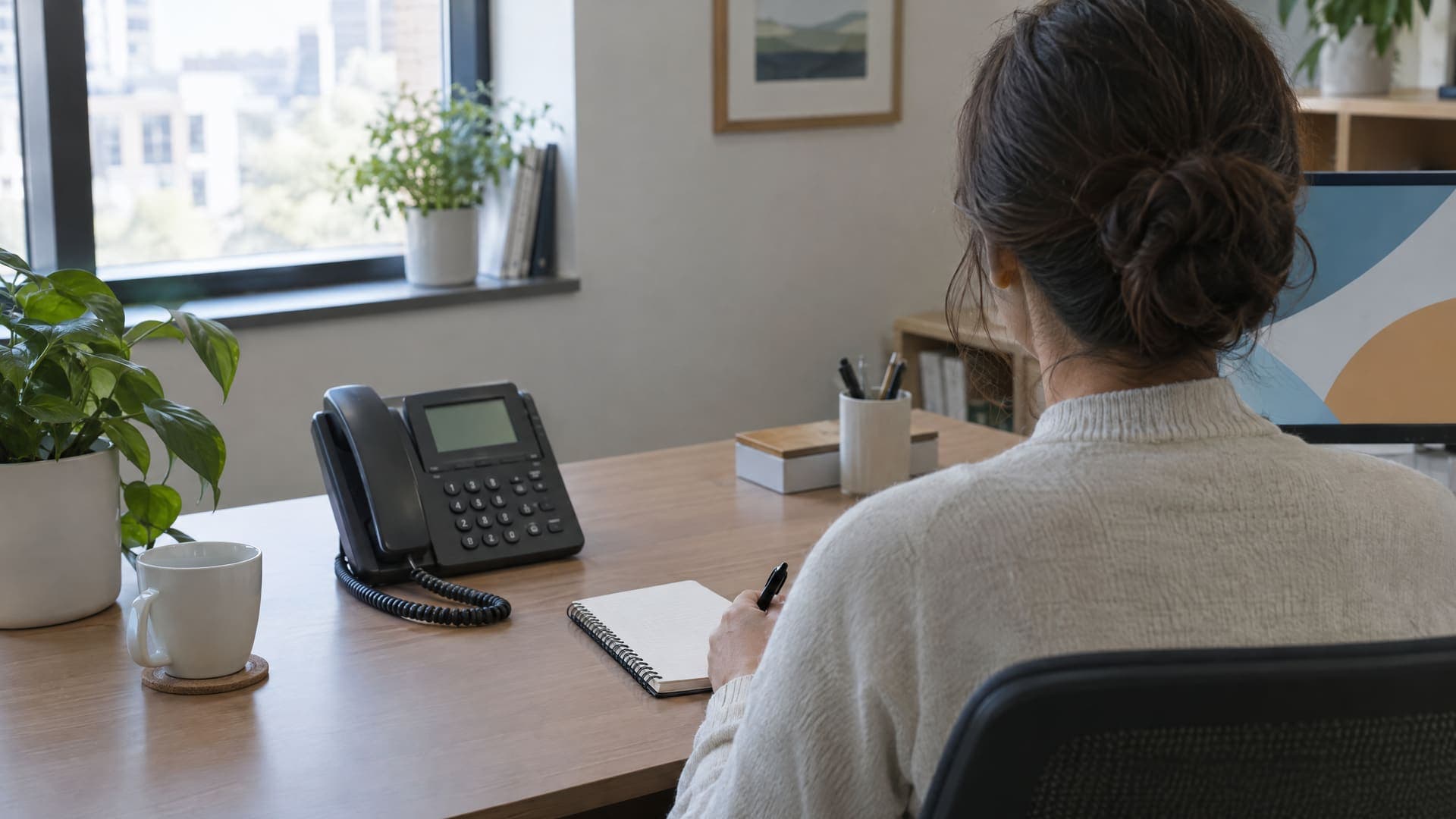 Person von hinten an einem Schreibtisch mit Festnetztelefon und Notizblock in einem Büro, Gesicht nicht sichtbar