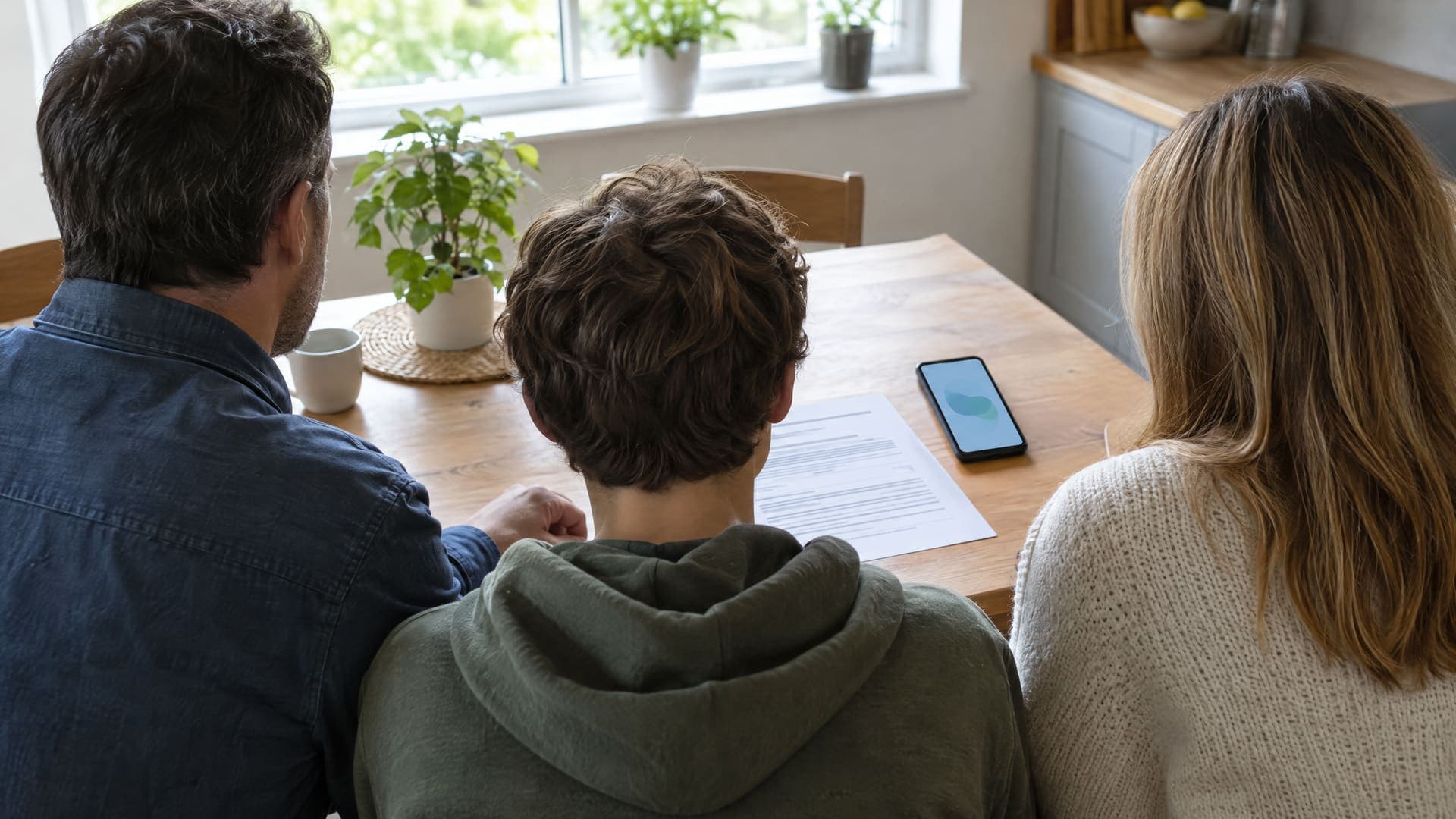 Zwei Erwachsene und ein Jugendlicher von hinten an einem Küchentisch mit einem Ausbildungsvertrag und einem Smartphone, Gesichter nicht sichtbar, Text unleserlich