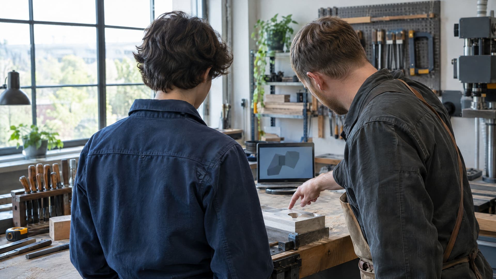 Jugendlicher in Arbeitsjacke von hinten in einer Werkstatt, ein Mitarbeiter zeigt auf ein Werkstück, Gesichter nicht sichtbar