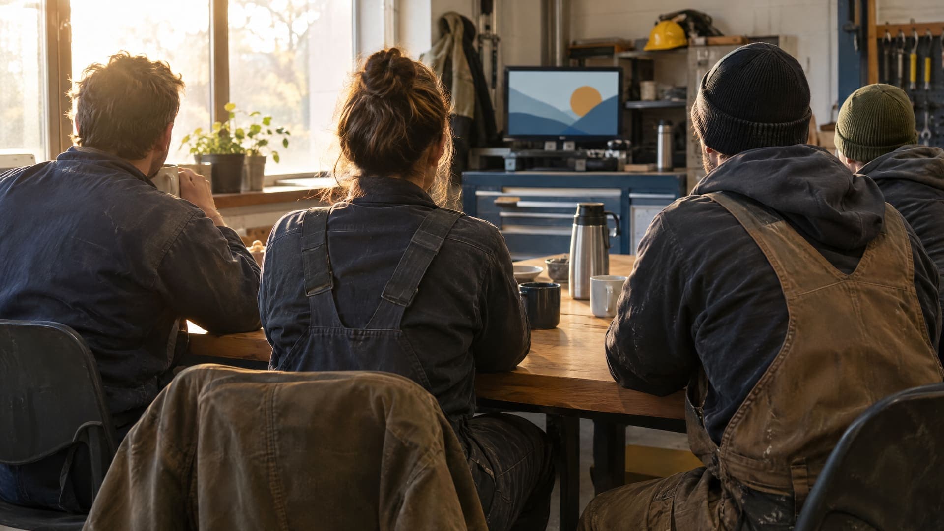 Mehrere Mitarbeiter in Arbeitskleidung sitzen von hinten in einer Werkstattpause an einem Tisch mit Kaffeebechern, Gesichter nicht sichtbar