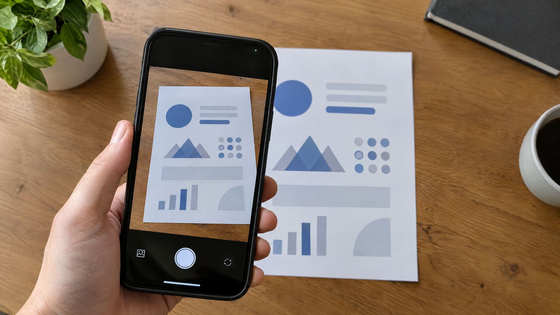 Hand fotografiert mit einem Smartphone ein Dokument auf einem Tisch, auf dem Display ein abstraktes Formular, Text unleserlich