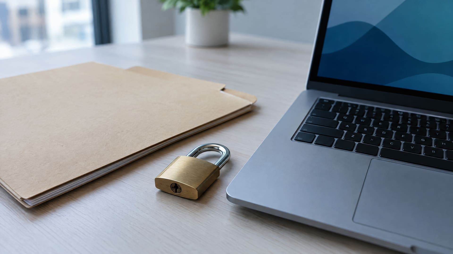 Geschlossener Aktenordner und ein Vorhängeschloss neben einer Laptoptastatur, keine lesbare Beschriftung