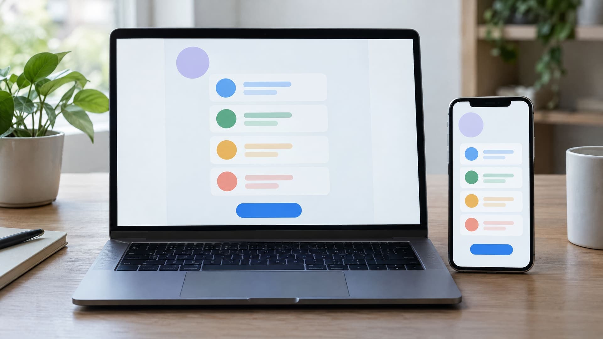Laptop und Smartphone zeigen nebeneinander dieselbe abstrakte Seite mit einer Liste von Karten und einem Button auf einem Schreibtisch, Text unleserlich